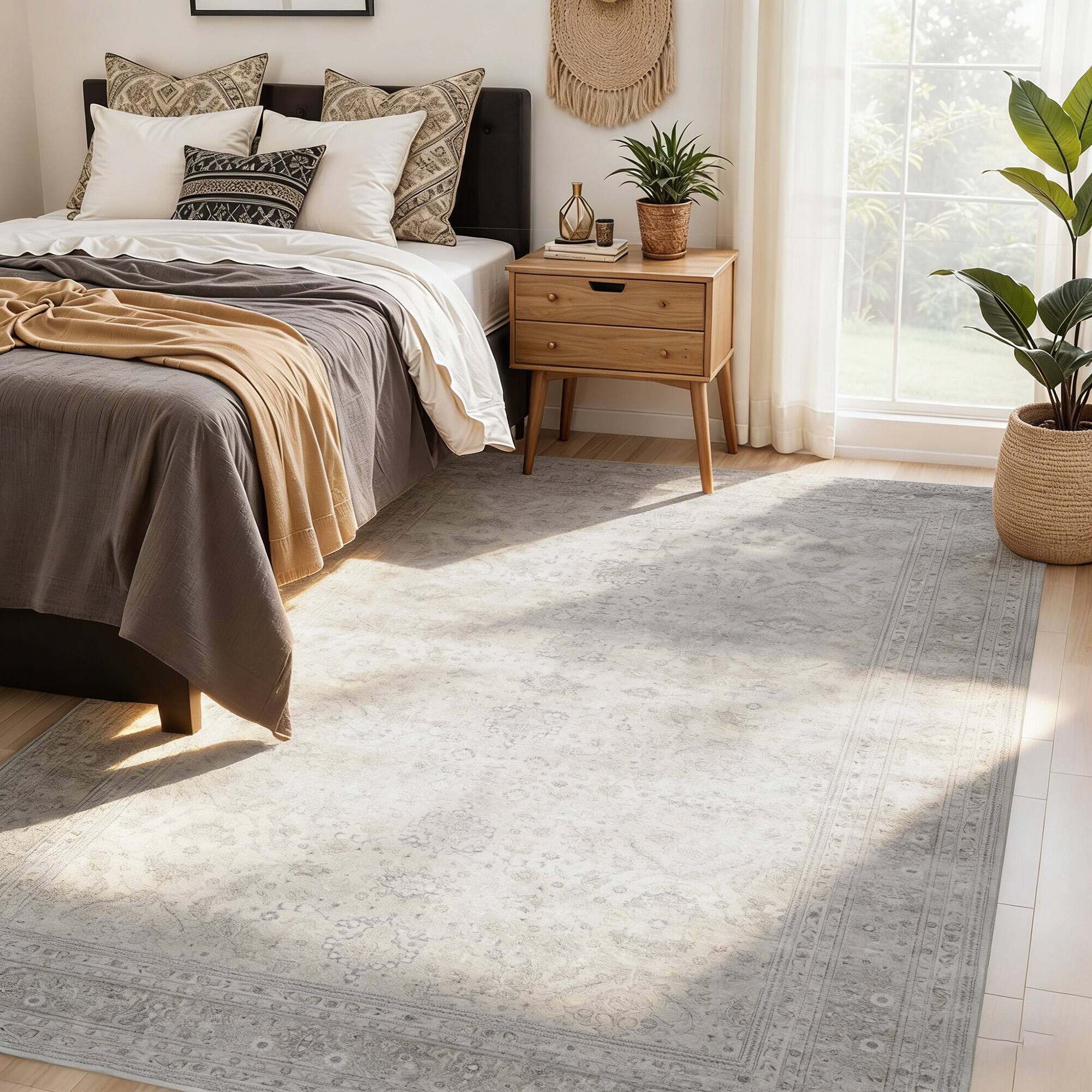 Left. RYHNUYNE - 5x7 Gray Washable Area Rug, Modern Traditional Stain Resistant Distressed Carpet, Soft Thin Rug for Dining Room Office - gray.