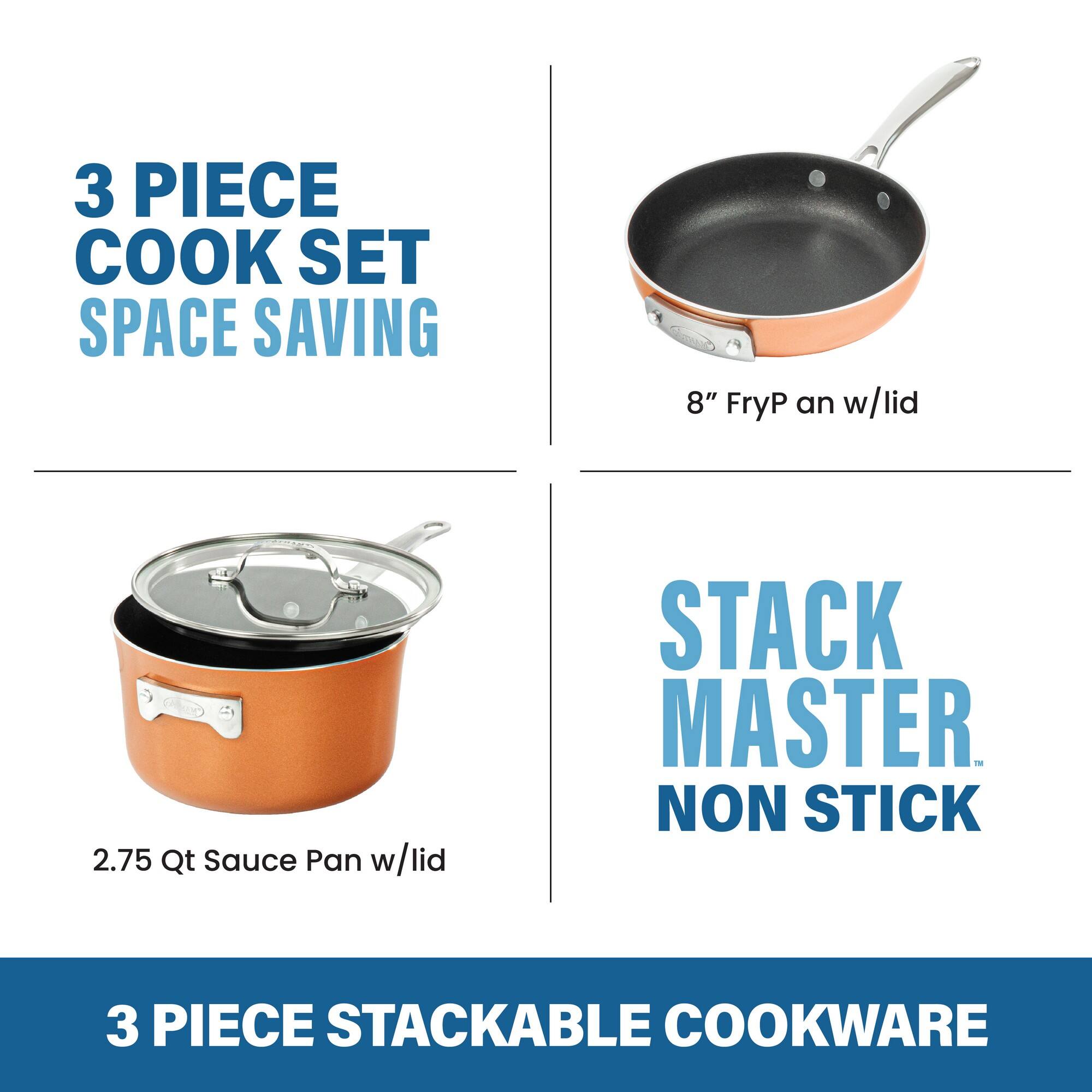 3 PIECE COOK SET SPACE SAVING
8" FryP an w/lid
2.75 Qt Sauce Pan w/lid
STACK MASTER. NON STICK
3 PIECE STACKABLE COOKWARE