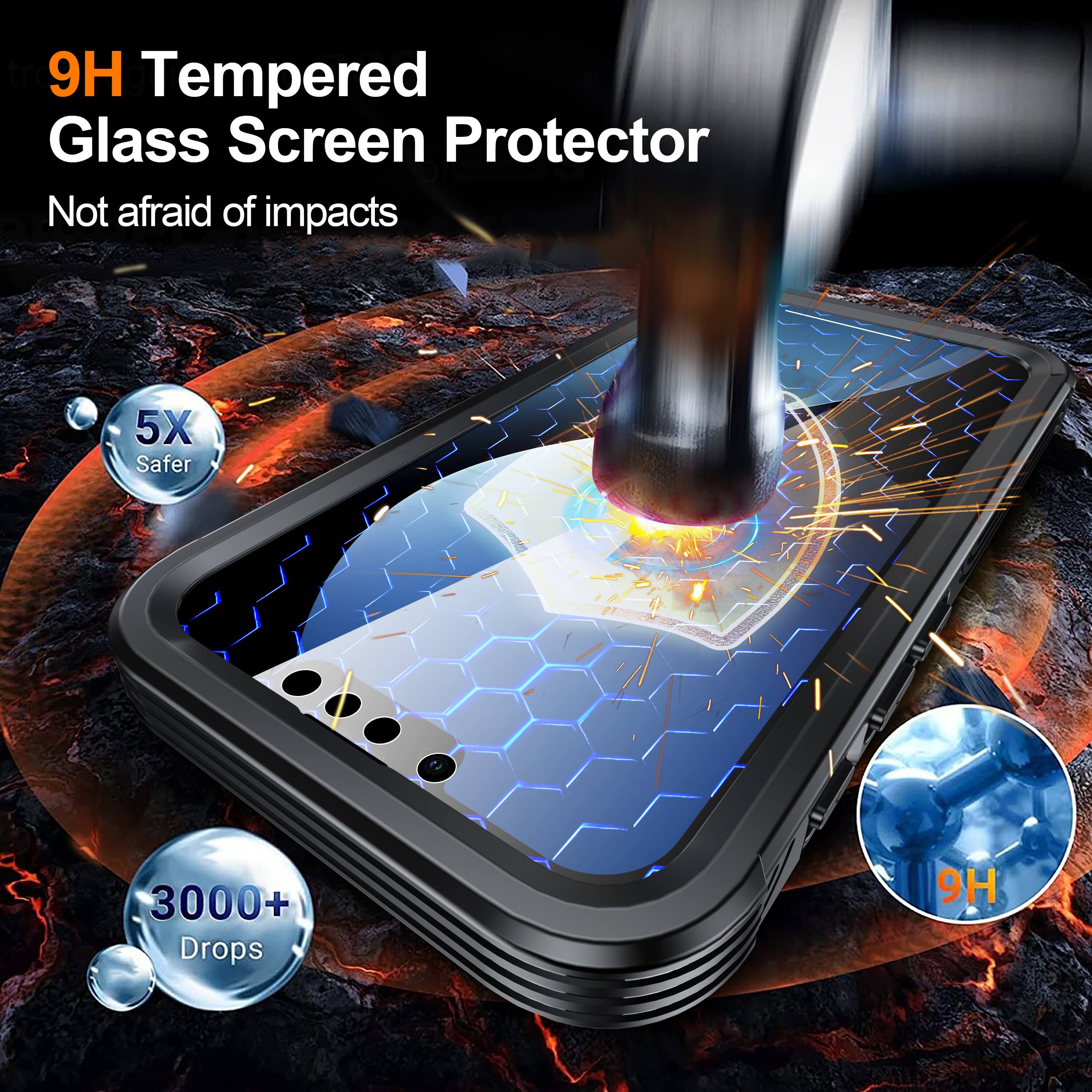 9H Tempered Glass Screen Protector  
Not afraid of impacts  

5X Safer  

3000+ Drops  

9H