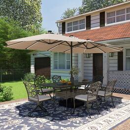 Mondawe - 15ft Patio Maket Umbrella Solar light strip Double-sided umbrella with base - Tan