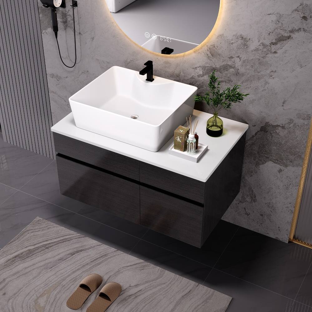 Alt View 1. Loheer - Loheer 31.5 inch floating bathroom vanity with Vessel Sink Modern Black and White - Black, White.