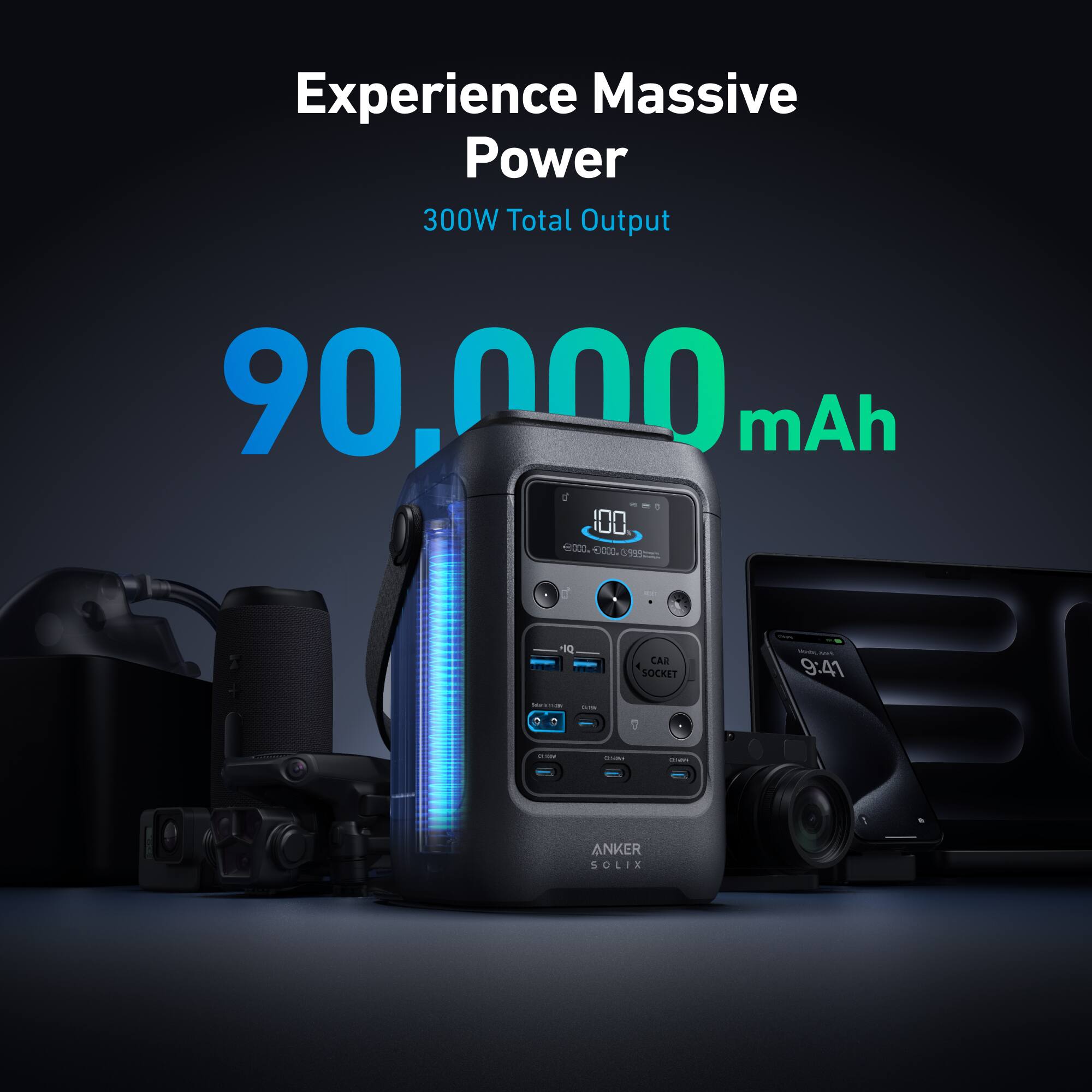 Experience Massive Power  
300W Total Output  
90,000 mAh  

CAR SOCKET  

ANKER SOLIX