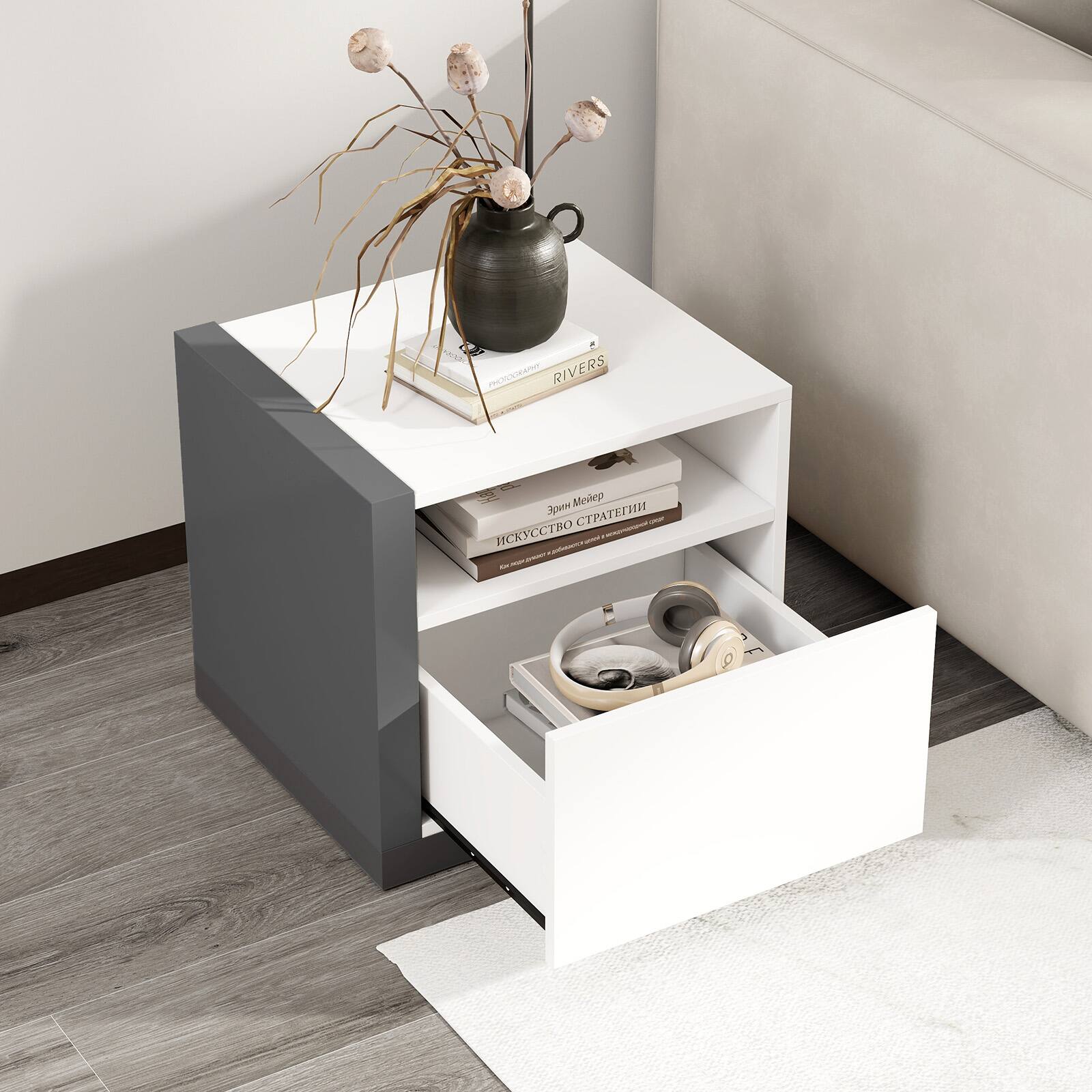 Alt View 1. Gymax - Gymax Modern Minimalist Nightstand w/ Drawer Asymmetrical Bed Side Table End Table - White, Grey.