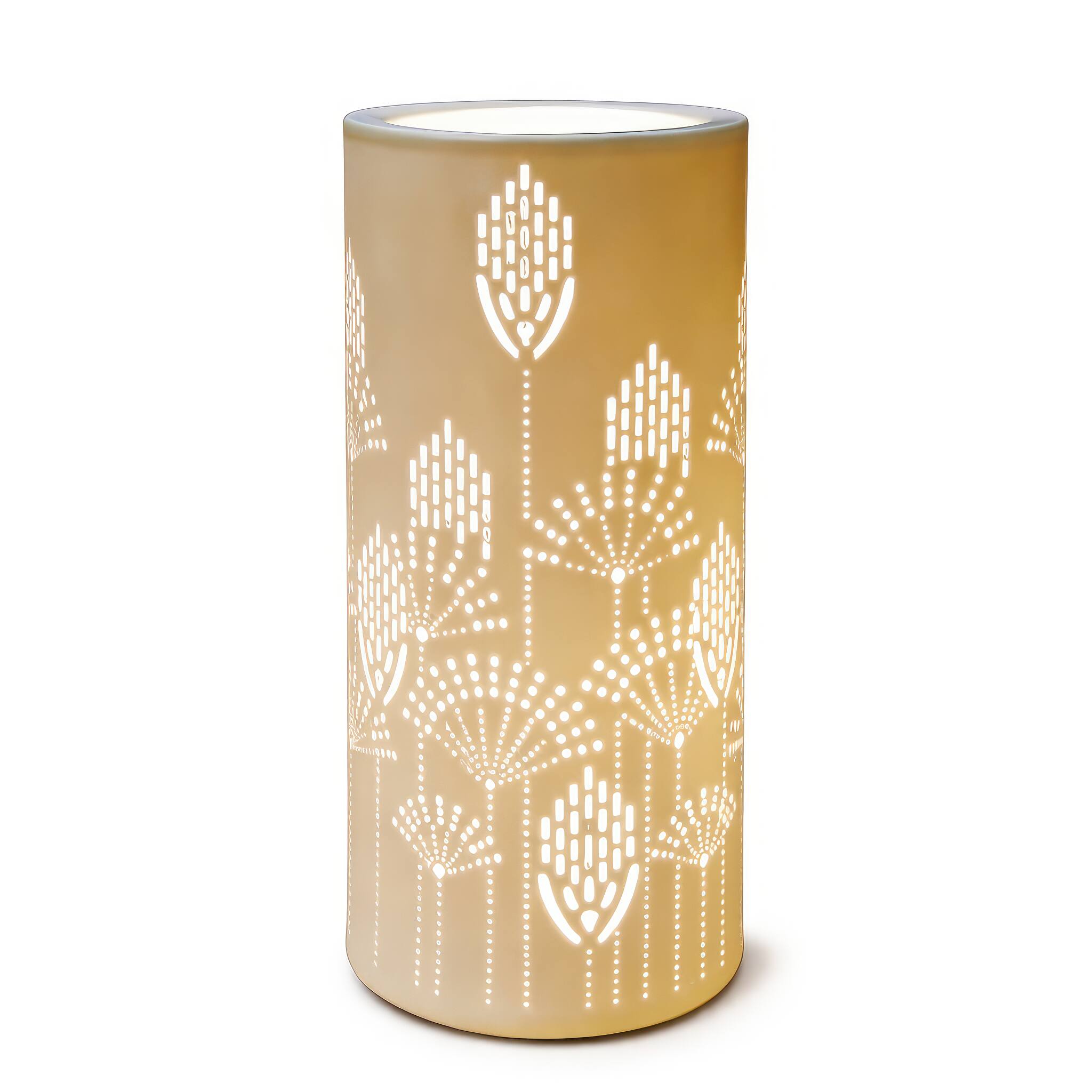 Angle. FC Design - 11"H Matte Golden Cylinder w/ Floral Cutout Glow Design Table Lamp.