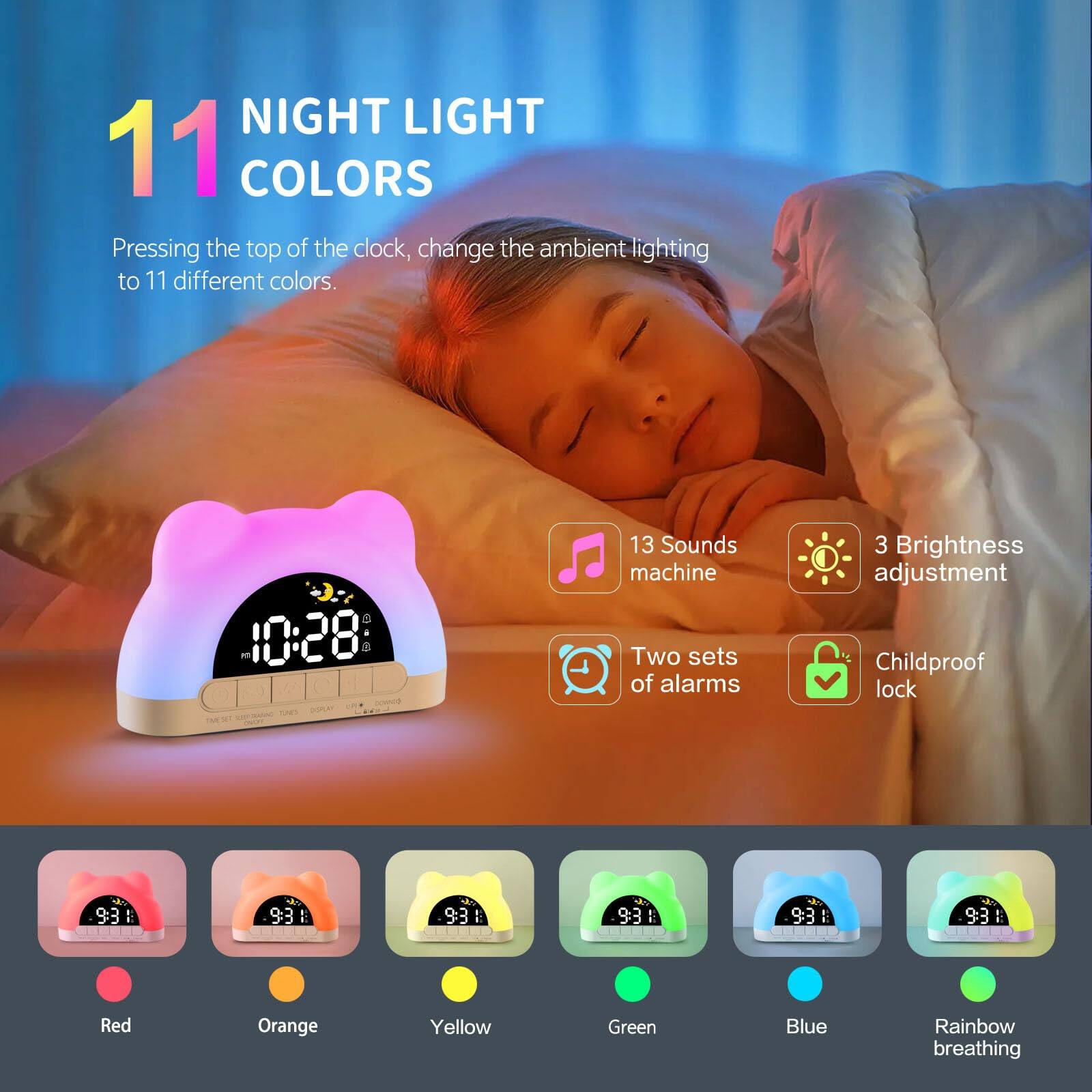Dazzed Corner Alarm Clock with 12 Colors Night Light, Sound