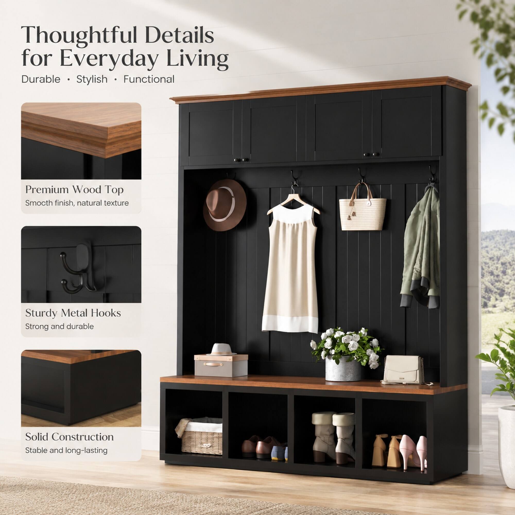 Thoughtful Details for Everyday Living  
Durable • Stylish • Functional  

Premium Wood Top  
Smooth finish, natural texture  

Sturdy Metal Hooks  
Strong and durable  

Solid Construction  
Stable and long-lasting