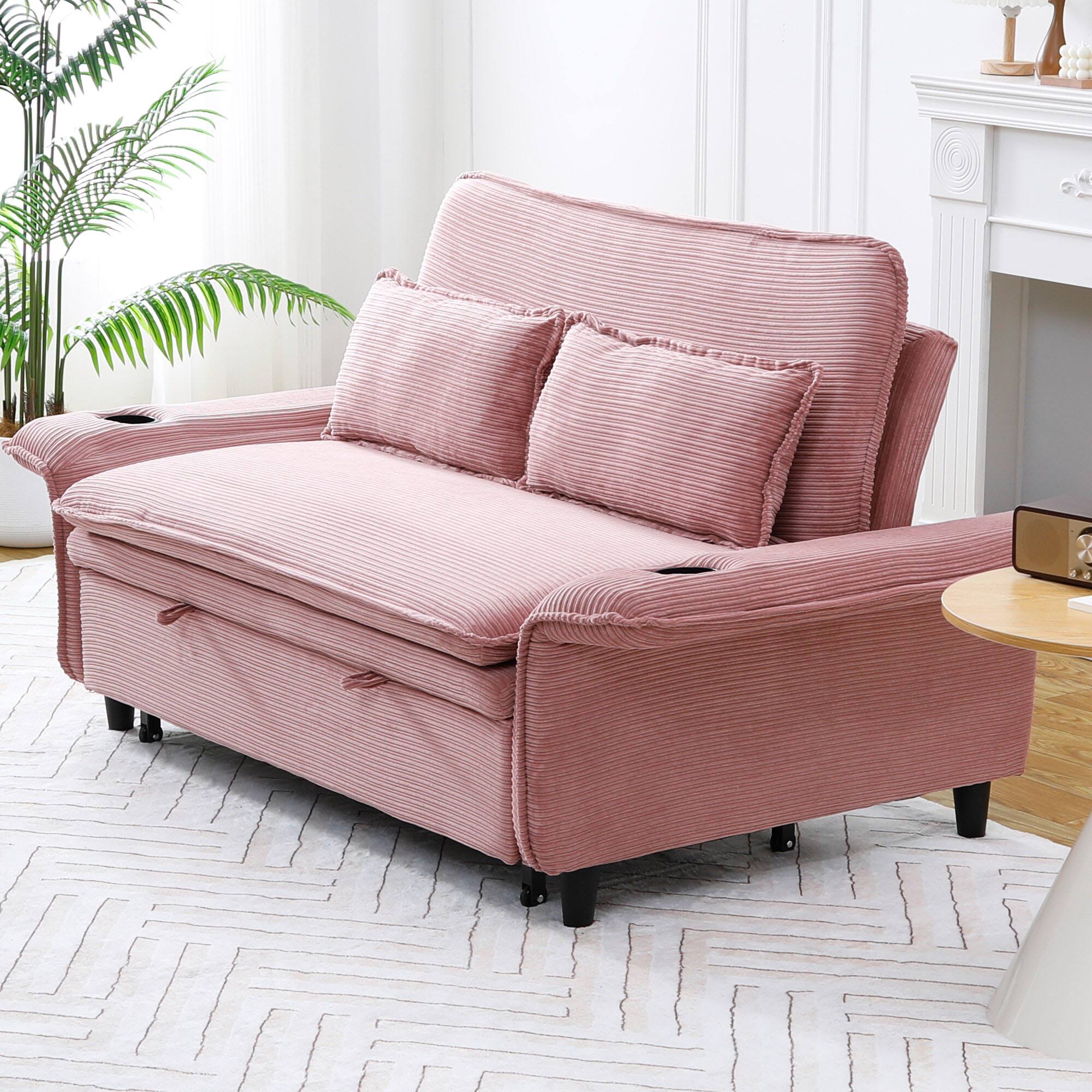 Alt View 2. Roomtec - 65.74inch pink letter striped fabric multifunctional sofa bed suitable for bedrooms and living rooms. The armrests and - Pink.