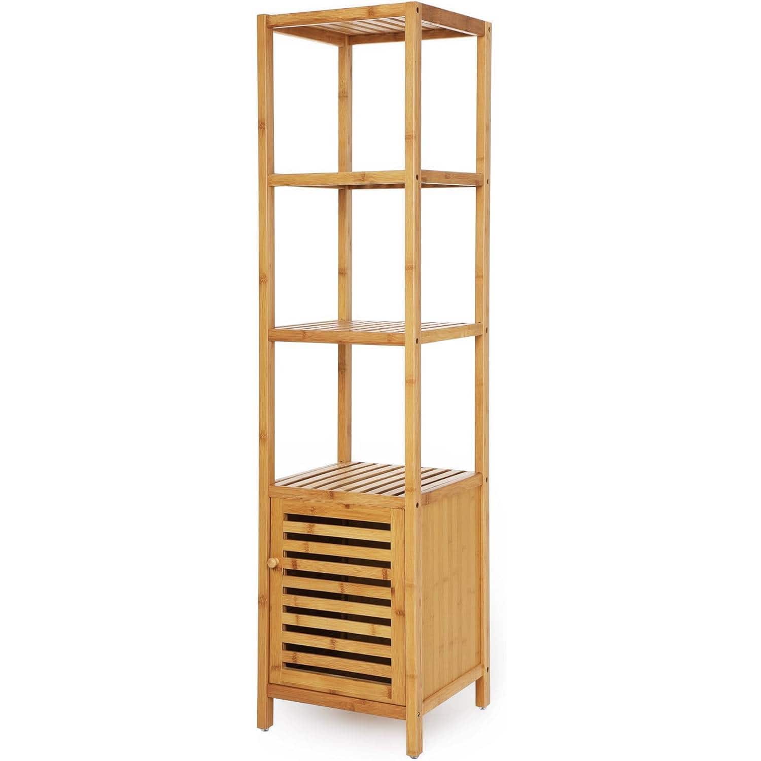 Hivvago - Slim 3-Shelf Bamboo Wood Bookcase Shelving Unit with Bottom Storage Cabinet - Natural