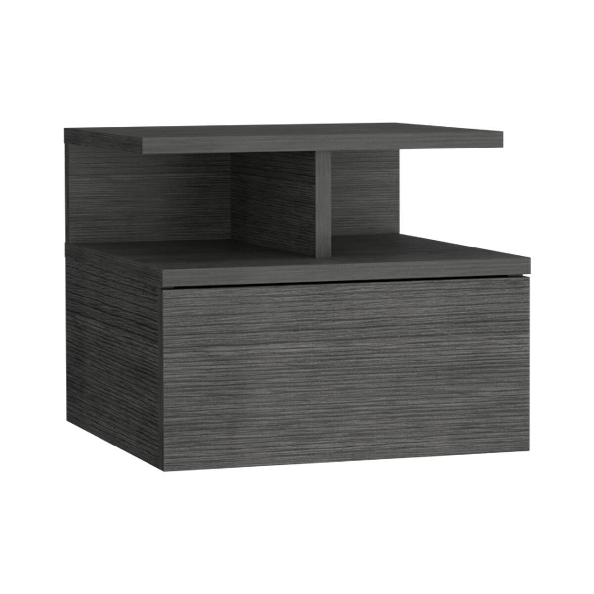 Angle. Loheer - Loheer Floating Nightstand Smokey Oak Wall Mounted Bedside Table with Single Drawer and Two Tier Shelf - Smokey Oak.