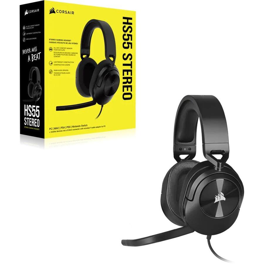 CORSAIR HS55 STEREO

STEREO GAMING HEADSET
- ALL COMPATIBLE: PC | MAC | PS4 | Nintendo Switch
- ADJUSTABLE HEADBAND
- LOUD SPEAKERS: 50MM NEODYMIUM DRIVERS
- LIGHTWEIGHT CONSTRUCTION
- TRANSDUCERS: 50MM NEODYMIUM
- NEVER MISS A BEAT

HS55 STEREO

PC | MAC | PS4 | Nintendo Switch
Stereo Adapter for PC
3.5mm connection included

HS55 STEREO