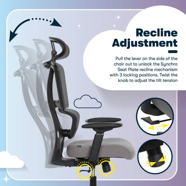 Recline Adjustment  
Pull the lever on the side of the chair out to unlock the Synchro Seat Plate recline mechanism with 3 locking positions. Twist the knob to adjust the tilt tension.