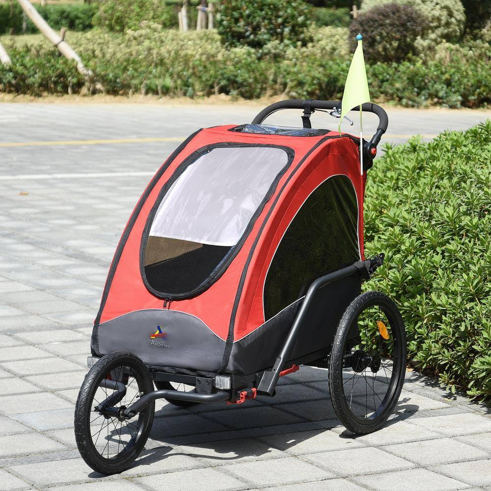 Angle. BreeBe - Aosom 3-in-1 Foldable Kids Bike Trailer, Jogger Stroller & Transport Carrier with Shock Absorbers, Adjustable Handlebar - Red.