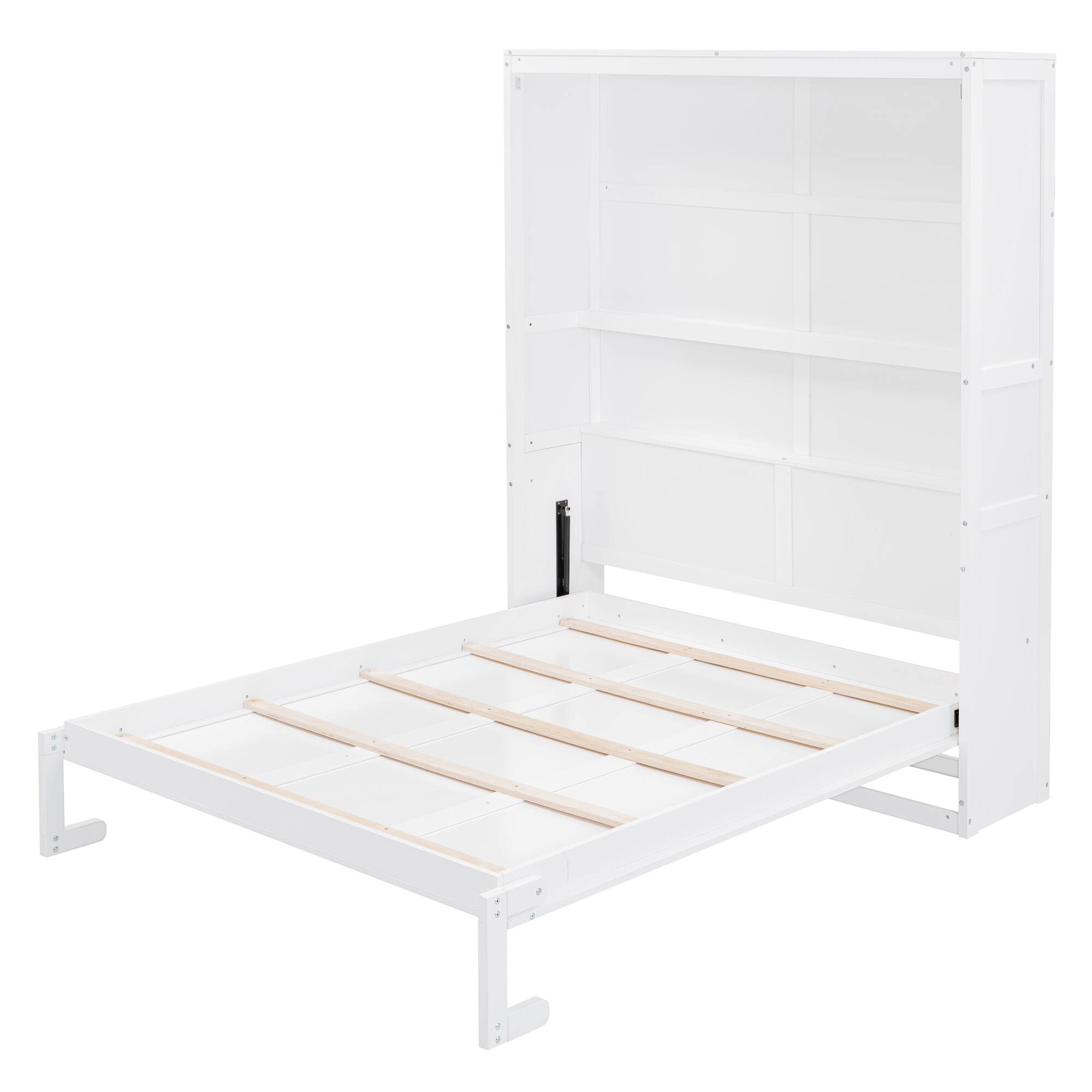 Left. Tiramisubest - Queen Size White Solid Wood + MDF Murphy Wall Bed with Shelves, Space-Saving & Comfortable - White.