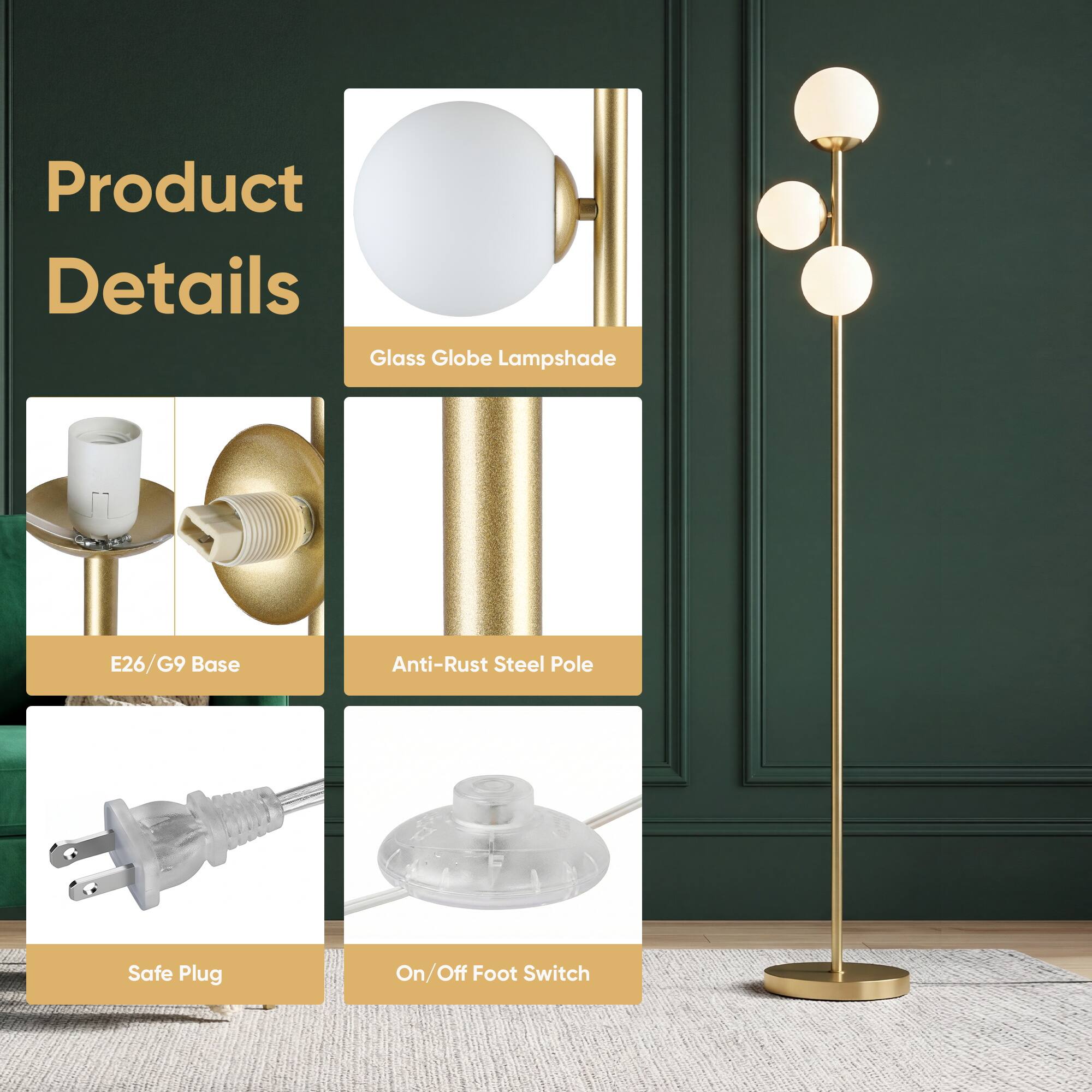 Product Details

- Glass Globe Lampshade
- E26/G9 Base
- Anti-Rust Steel Pole
- Safe Plug
- On/Off Foot Switch