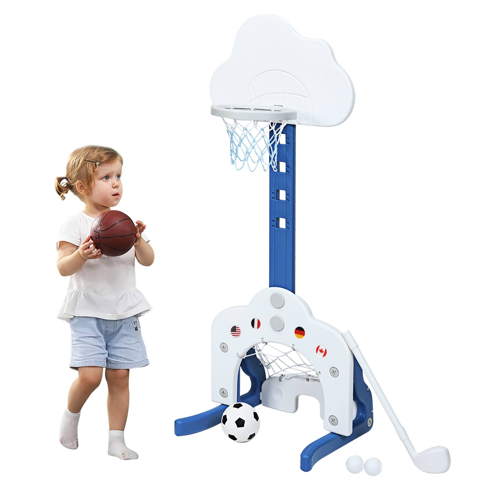 Costway - 3-in-1 Kids Basketball Hoop Set Adjustable Sports Activity Center w/ Balls - White