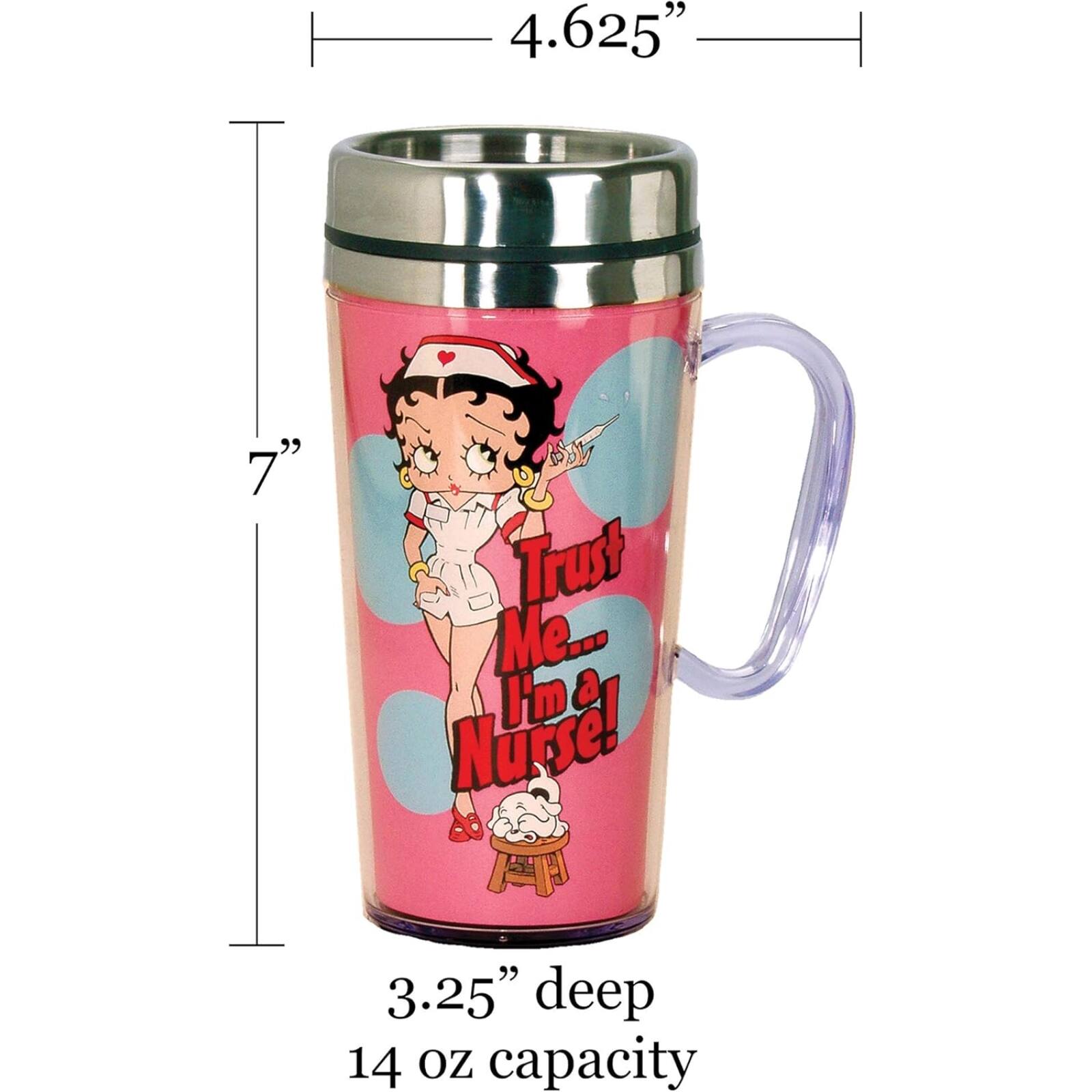 4.625"  
7"  
Trust Me... I'm a Nurse!  
3.25" deep  
14 oz capacity