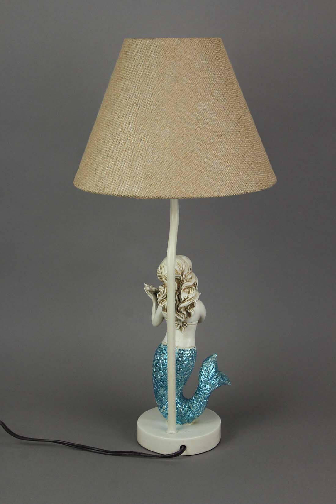 Alt View 4. Zeckos - Set of 2 Blue Glitter Tail Mermaid Table Lamps Coastal Beach Decor Burlap Shades - Beige.