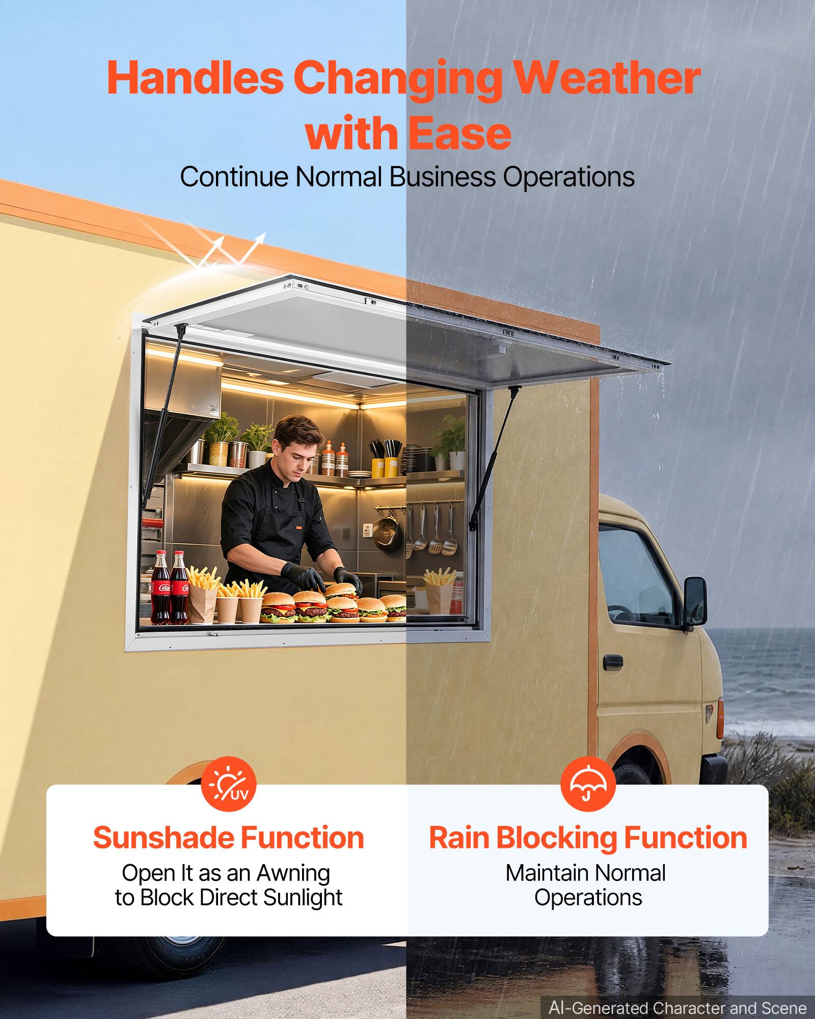 Handles Changing Weather with Ease  
Continue Normal Business Operations  

UV  
Sunshade Function  
Open It as an Awning to Block Direct Sunlight  

Rain Blocking Function  
Maintain Normal Operations  

AI-Generated Character and Scene
