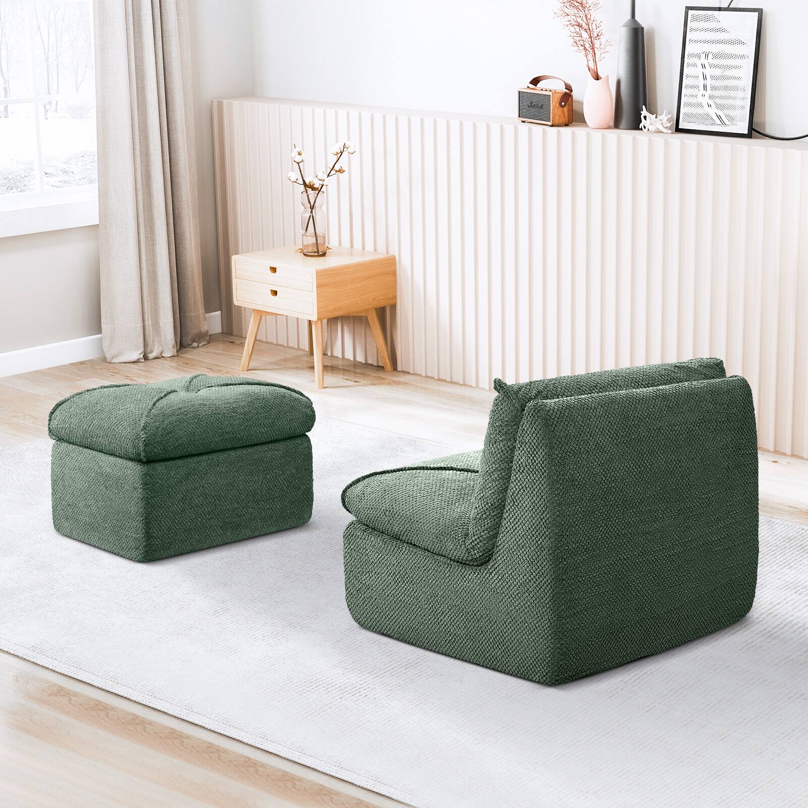 Alt View 3. KERDOM - 29'' Wide Armless Leisure Sofa L Size, Breathable Cotton-linen Fabric Modern Accent Chair with Ottoman Set for Apartment - Olive Green.