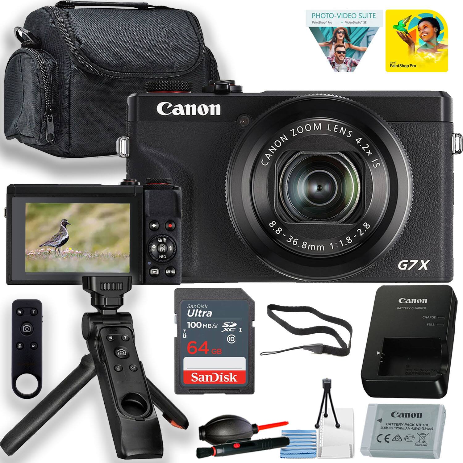 PHOTO-VIDEO SUITE  
Pertog P aNo N  
PaintShopPro  
Canon ZOOM LENS  
CANON 4.2x IS - 5  
NFO - 8 8 - 2  
8.8-36.8mm 36.8mm 1:1.8-2.8 1:1.8  
G7X  
a T on SanDisk Ultra 100 MB/s  
64 GB  
10 I Canon ALiR  
CARLES cramie nAL  
SanDisk  
Canon BATTERY  
PALE N:1  
eV UEDIAN  
L.IWTOFAa