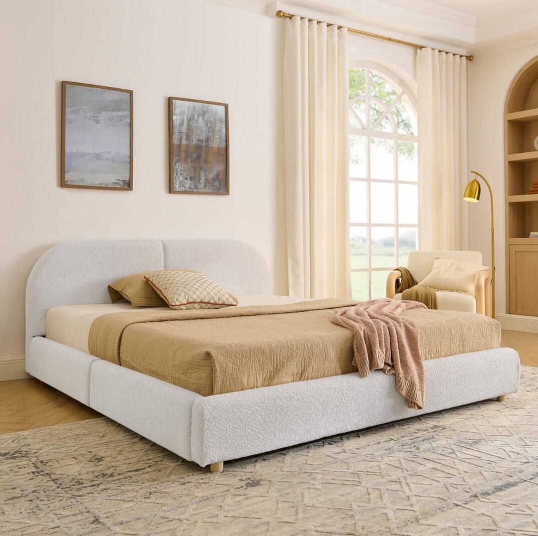 Angle. Anysun - Queen Minimalist Upholstered Bed Frame - Circle Yarn Fabric, Curved Headboard, Wheeled Drawer Storage - Beige.