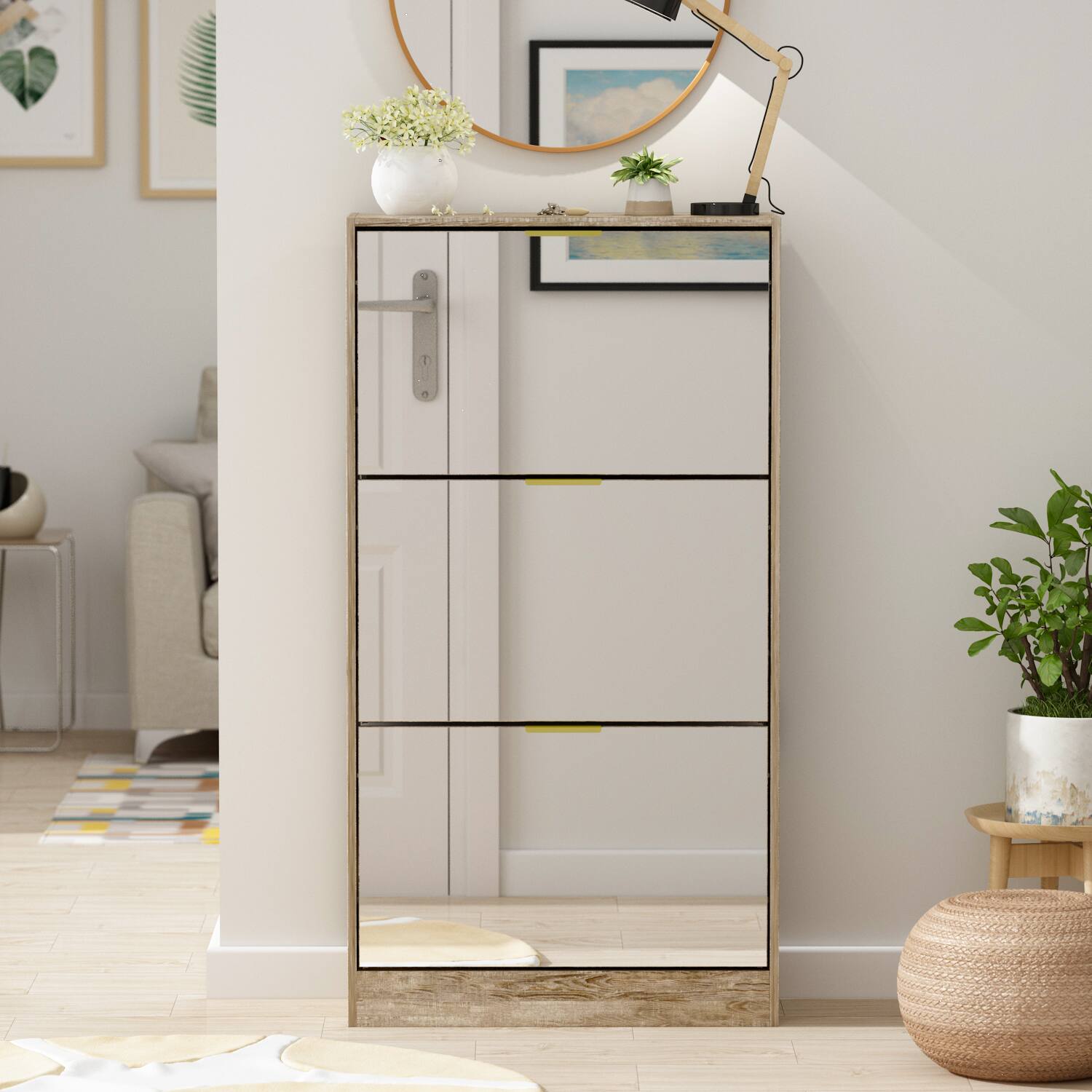 Alt View 9. Famapy - Famapy Space - Saving Shoe Storage with Metal Handles, Spacious Top & Mirror – Perfect for Tidy Entryways - Brown.