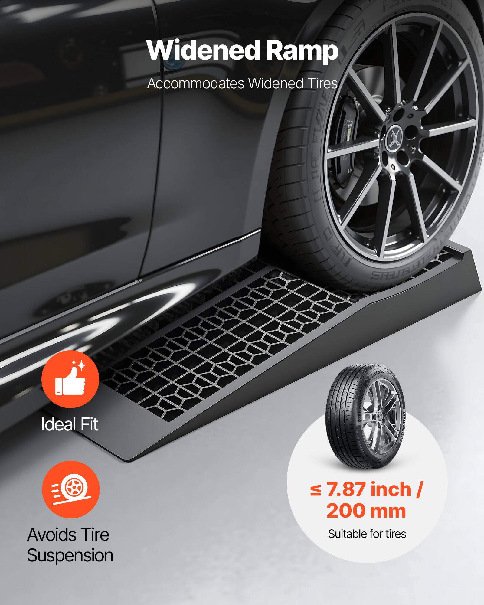 Widened Ramp Accommodates Widened Tires

Ideal Fit

Avoids Tire Suspension

≤ 7.87 inch / 200 mm Suitable for tires