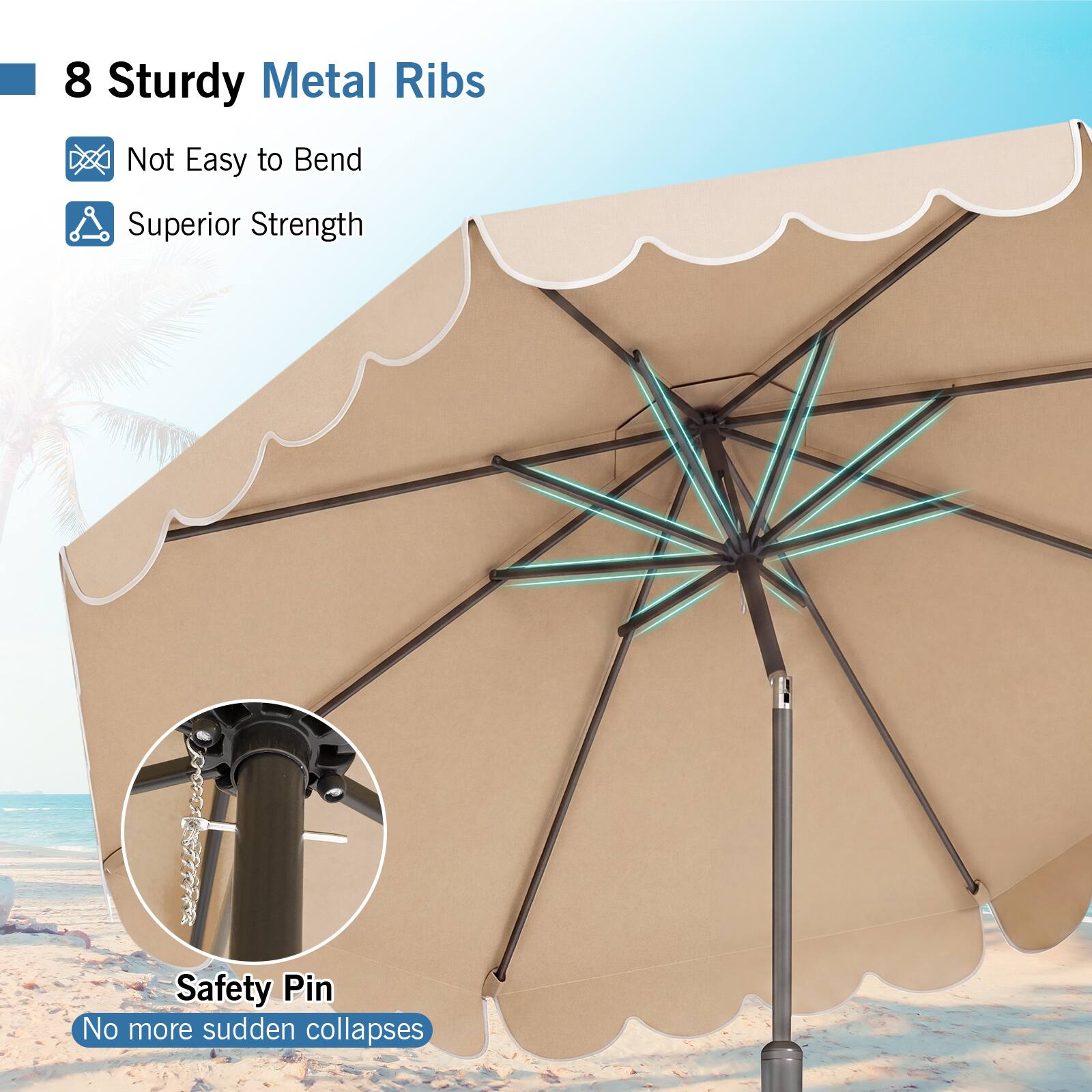 8 Sturdy Metal Ribs  
Not Easy to Bend  
Superior Strength  
Safety Pin  
No more sudden collapses