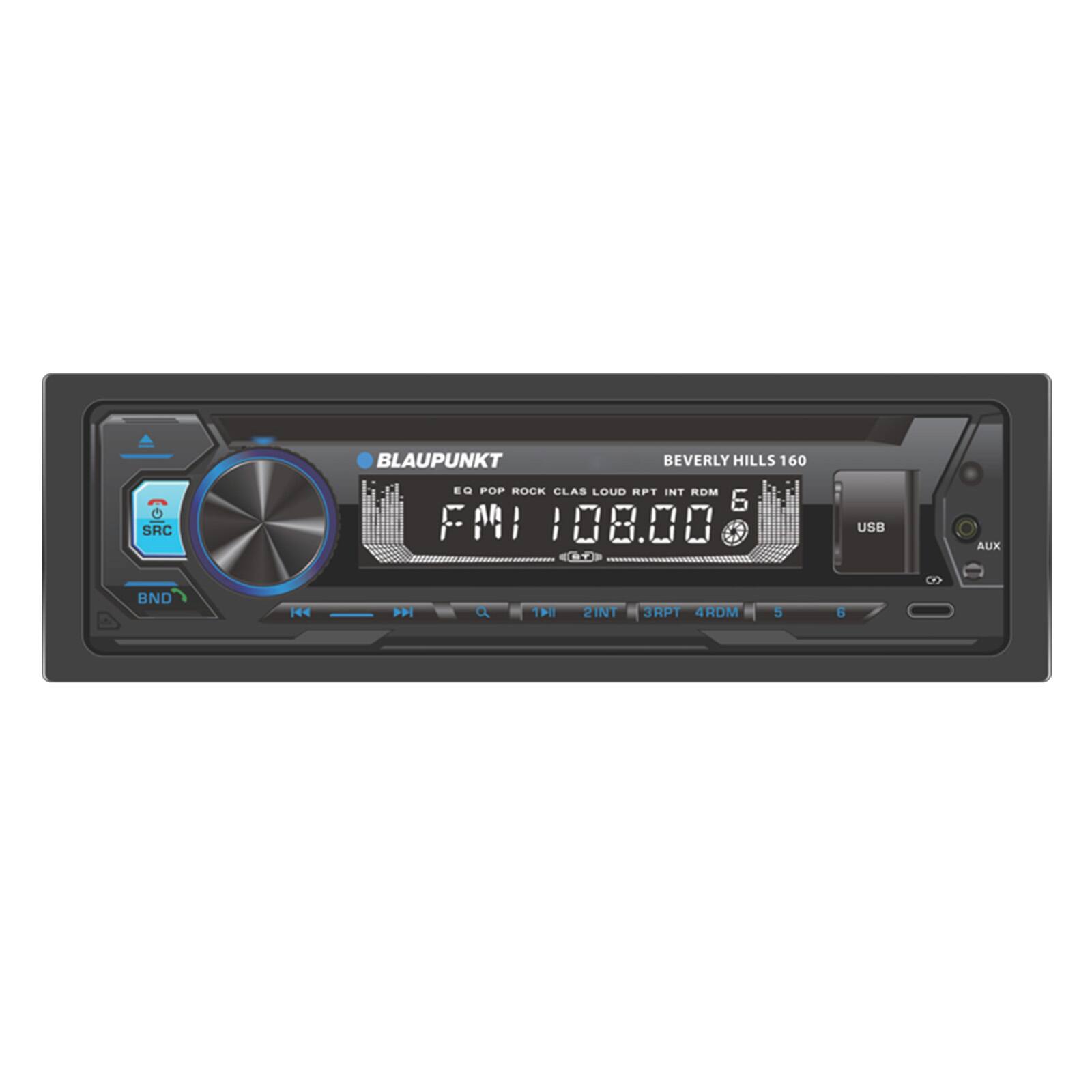 BLAUPUNKT BEVERLY HILLS 160  
SRC EQ POP ROCK CLAS LOUD RPT INT RDM 6  
FMI 108.00  
G1 USB AUX BND H F Q E4T 2INT 4RDM 5 5