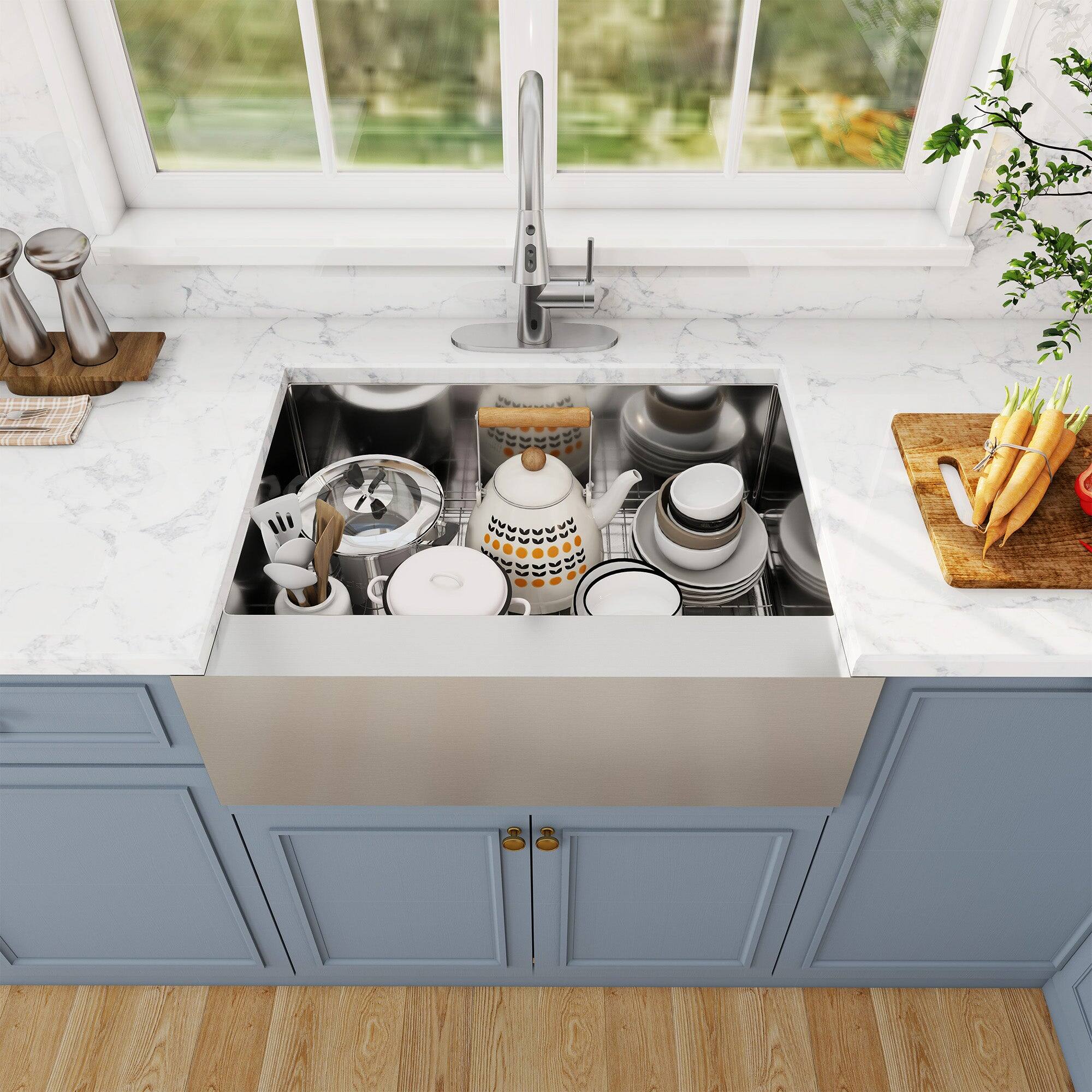 Alt View 3. Boyel Living - 30 in. Farmhouse Apron-Front Single Bowl 18-Gauge Silver Stainless Steel Kitchen Sink with Bottom Grid, Strainer Basket - Silver.