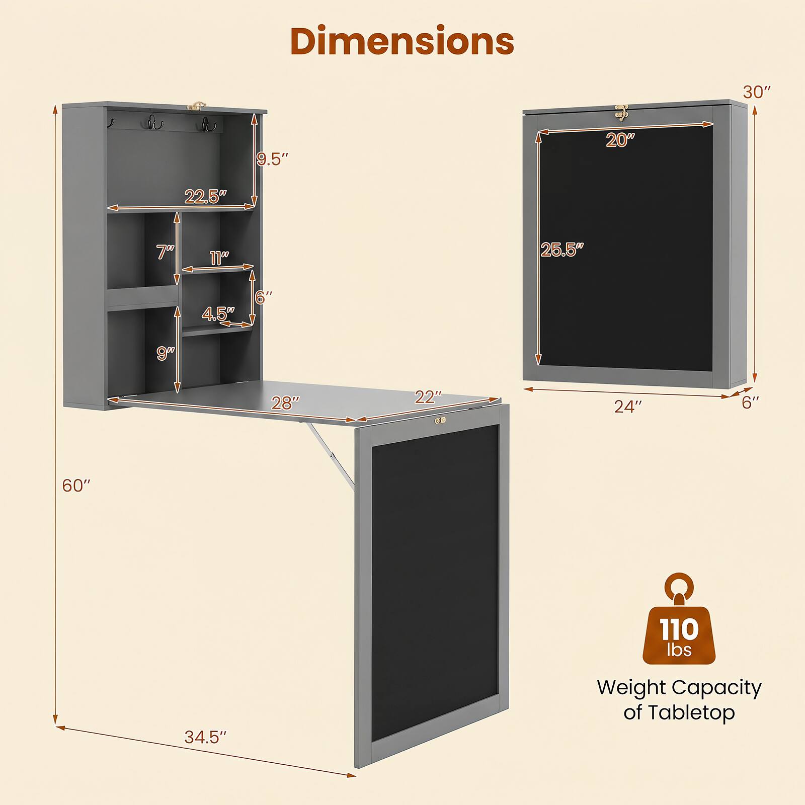Dimensions

- 9.5"
- 20"
- 30"
- 22.5"
- 7"
- 11"
- 25.5"
- 4.5"
- 6"
- 9"
- 28"
- 22"
- 29"
- 24"
- 6"
- 60"
- 110 lbs
- 34.5"

Weight Capacity of Tabletop