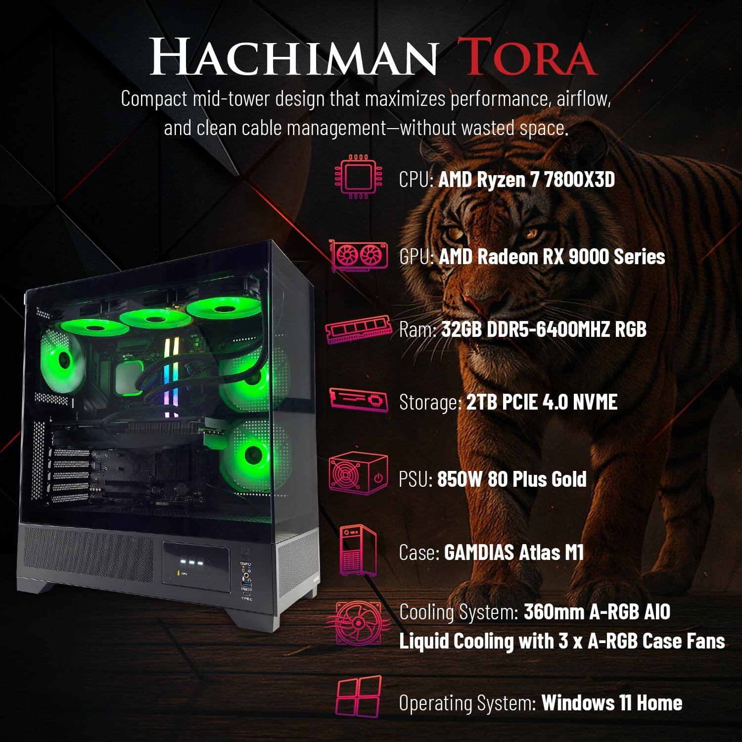 Hachiman PC Tora Gaming PC, AMD Ryzen 7 7800X3D, Radeon RX 9070XT