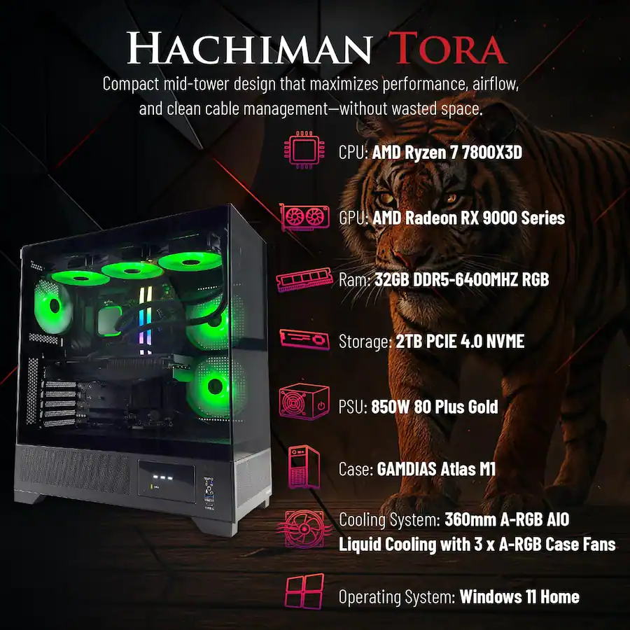 Tora Windows Hachiman PC Tora Gaming PC, AMD Ryzen 7 7800X3D, Radeon RX 9070XT, 32GB ...