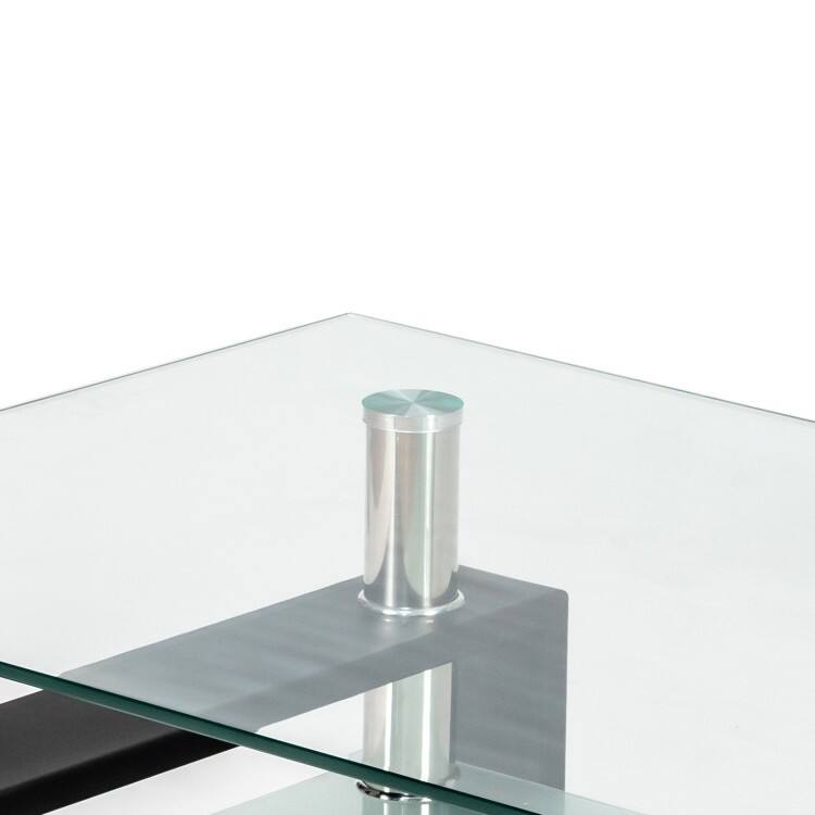 Back. Hivvago - Modern 2 Tier Glass Coffee Table with Black Metal Legs - Black.