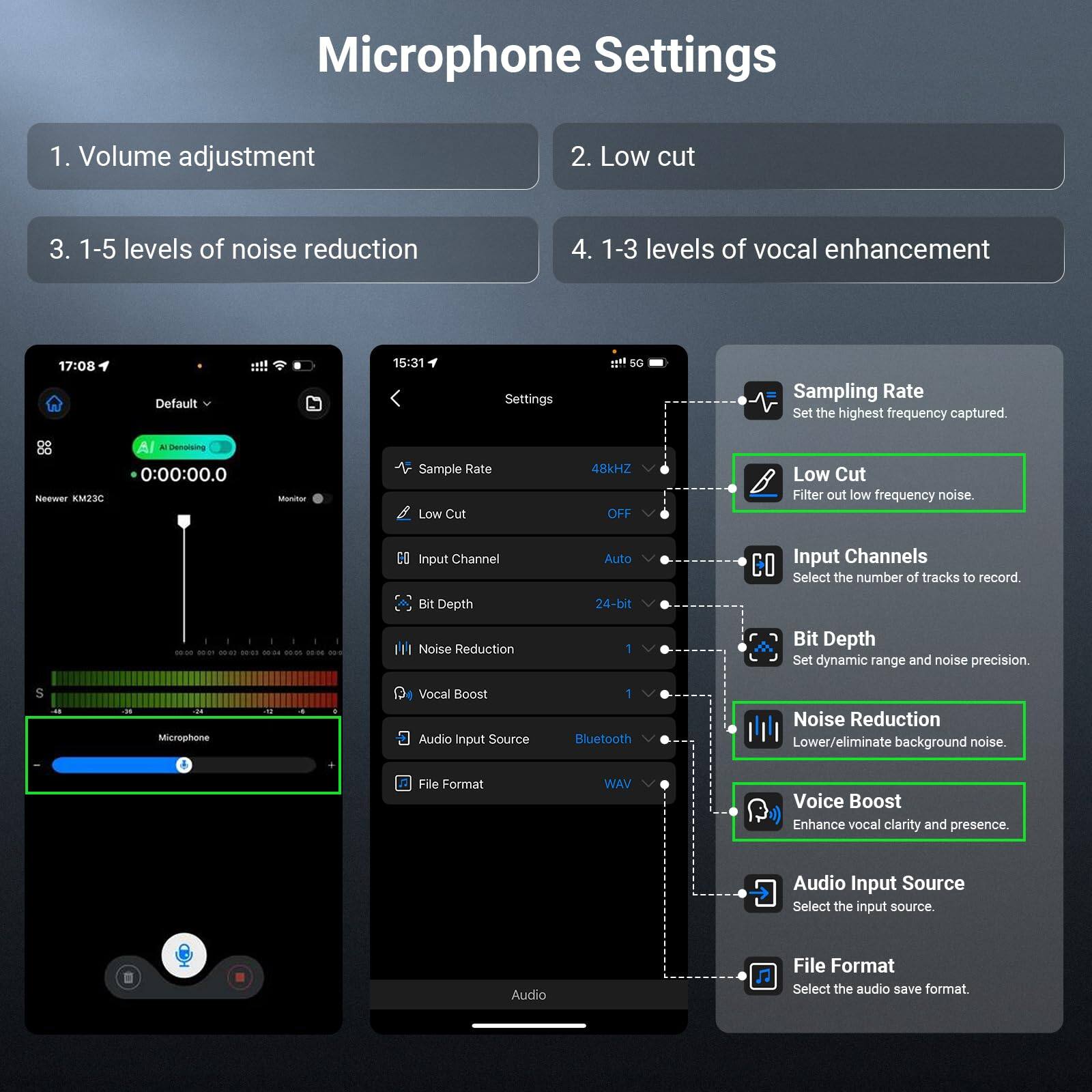 Microphone Settings

1. Volume adjustment
2. Low cut
3. 1-5 levels of noise reduction
4. 1-3 levels of vocal enhancement

17:08 Default !!!
15:31 Settings

Sampling Rate
- Set the highest frequency captured.

Low Cut
- Filter out low frequency noise.

Input Channel
- Select the number of tracks to record.

Bit Depth
- Set dynamic range and noise precision.

Noise Reduction
- Lower/eliminate background noise.

Vocal Boost
- Enhance vocal clarity and presence.

Audio Input Source
- Select the input source.

File Format
- Select the audio save format.