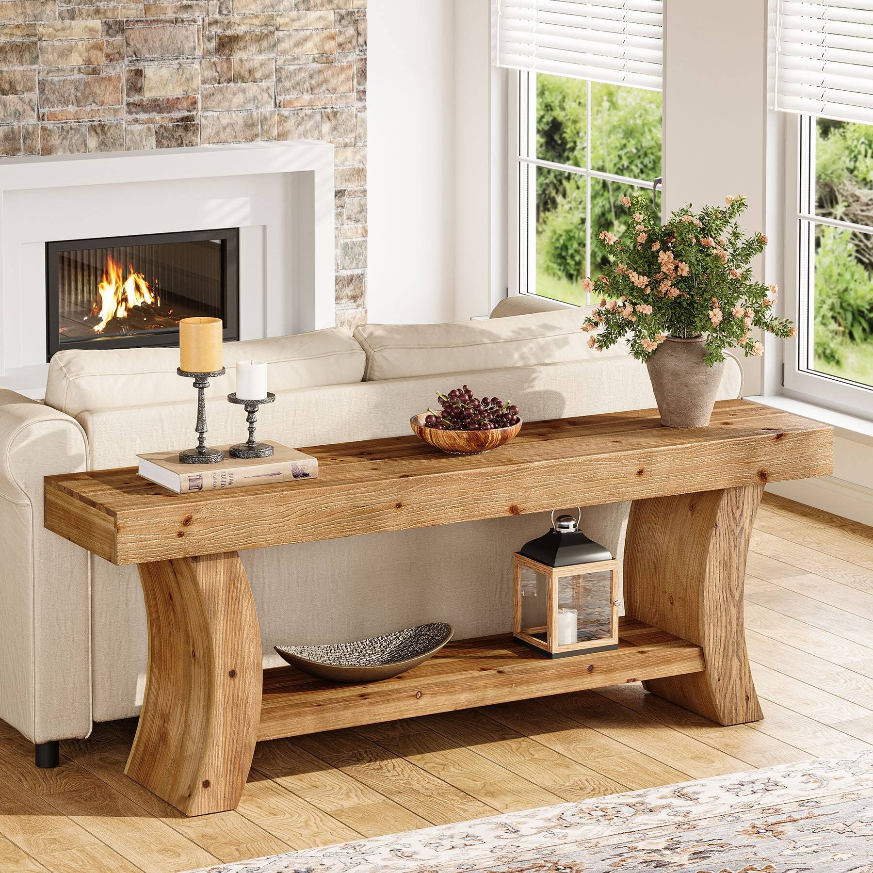 Alt View 2. Tribesigns - Farmhouse Solid Wood Console Table with Storage Shelves and Rectangular Top for Entryway and Living Room - Brown.