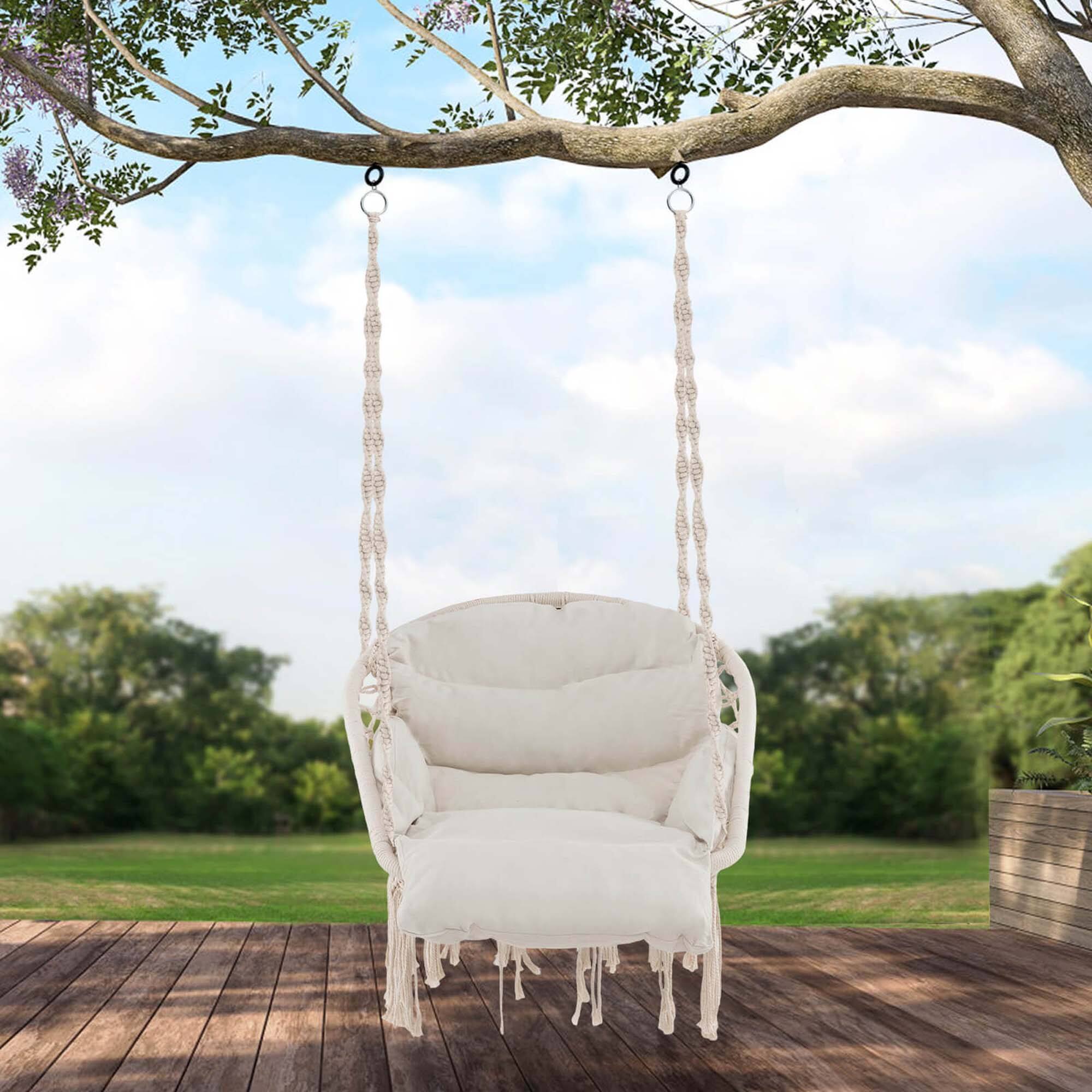 Alt View 1. Costway - Costway Macrame Hammock Chair with Oversized Padded Cushion Hand-woven Knots and Tassels - Beige.