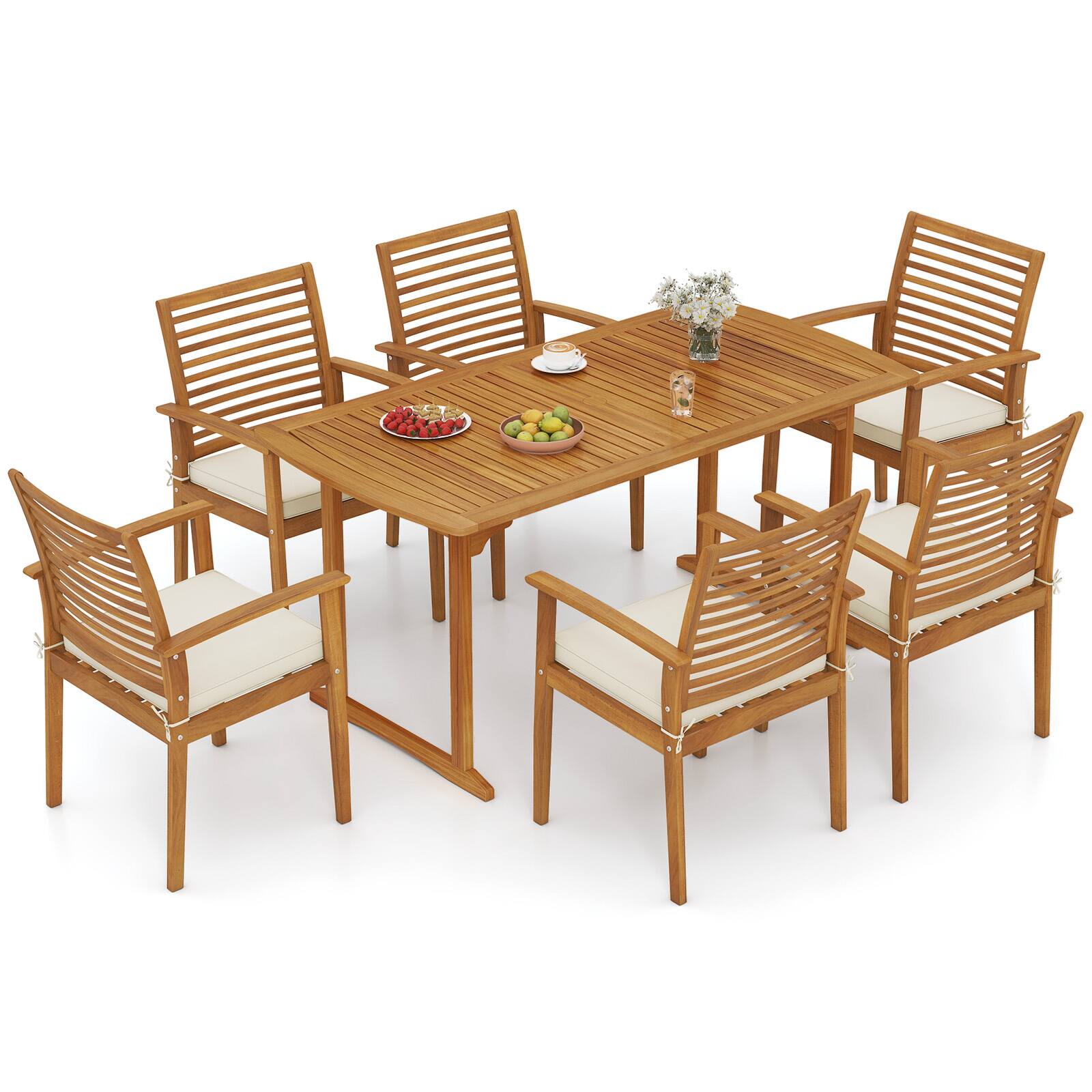 Alt View 9. Gymax - Gymax 7-Piece Patio Dining Set Outdoor Acacia Wood Table & 6 Armchairs w/Umbrella Hole - Yellow.