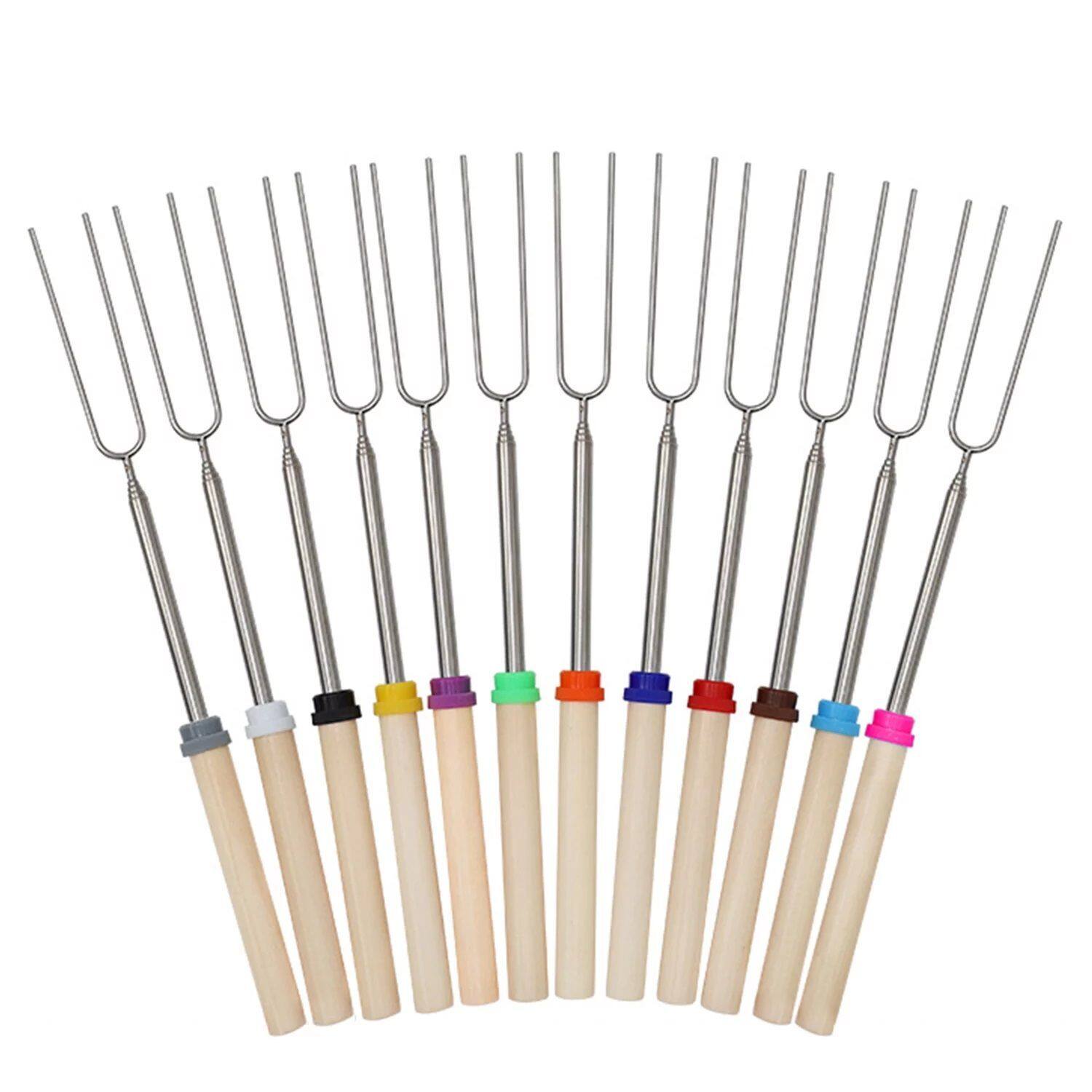 Front. MOVSSOU - 12 Pcs Marshmallow Roasting Sticks 32" Smores Kit Skewers Hot Dog Telescoping Forks Campfire - yellow.