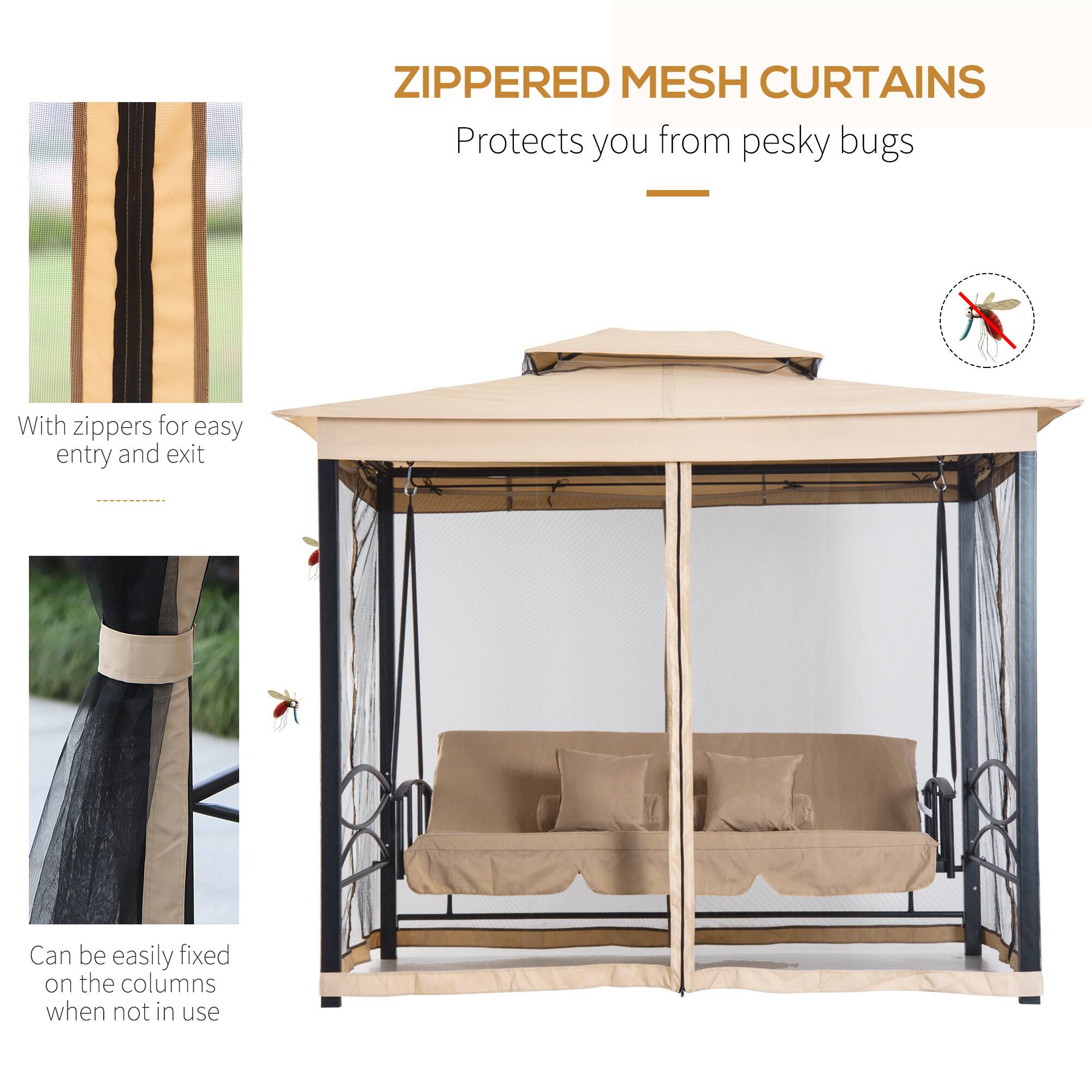 ZIPPERED MESH CURTAINS  
Protects you from pesky bugs  

With zippers for easy entry and exit  

Can be easily fixed on the columns when not in use