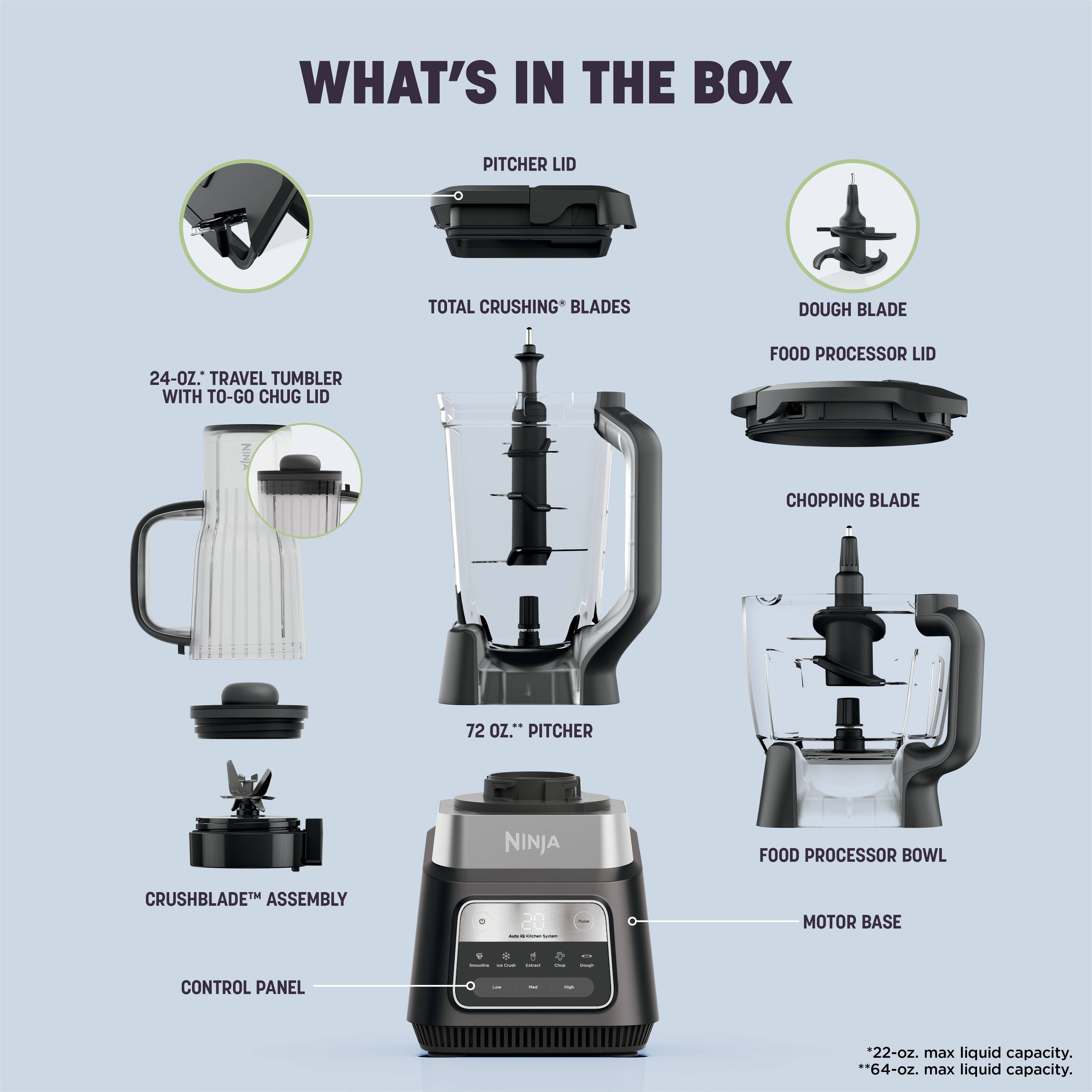 WHAT'S IN THE BOX

- PITCHER LID
- TOTAL CRUSHING* BLADES
- DOUGH BLADE
- 24-OZ.* TRAVEL TUMBLER WITH TO-GO CHUG LID
- FOOD PROCESSOR LID
- CHOPPING BLADE
- 72 OZ.* PITCHER
- FOOD PROCESSOR BOWL
- CRUSHBLADE ASSEMBLY
- MOTOR BASE
- CONTROL PANEL

*22-oz. max liquid capacity. **64-oz. max liquid capacity.
