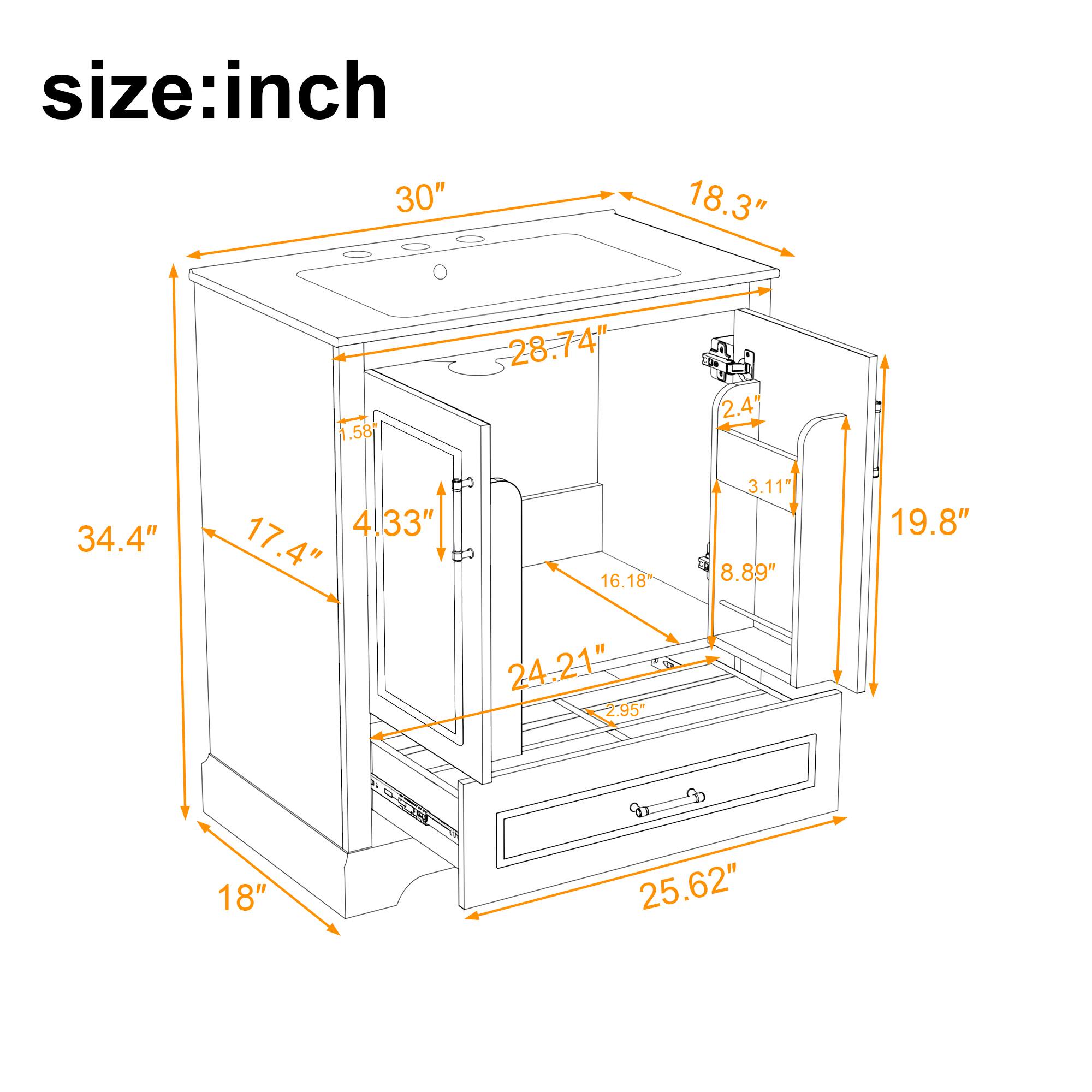 size: inch  
30" 18.3" 1.58" 28.74" 2.4" 34.4" 4.33" 17.4" 16.18" 3.11" 8.89" 19.8" 24.21" 2.95" 18" 25.62"
