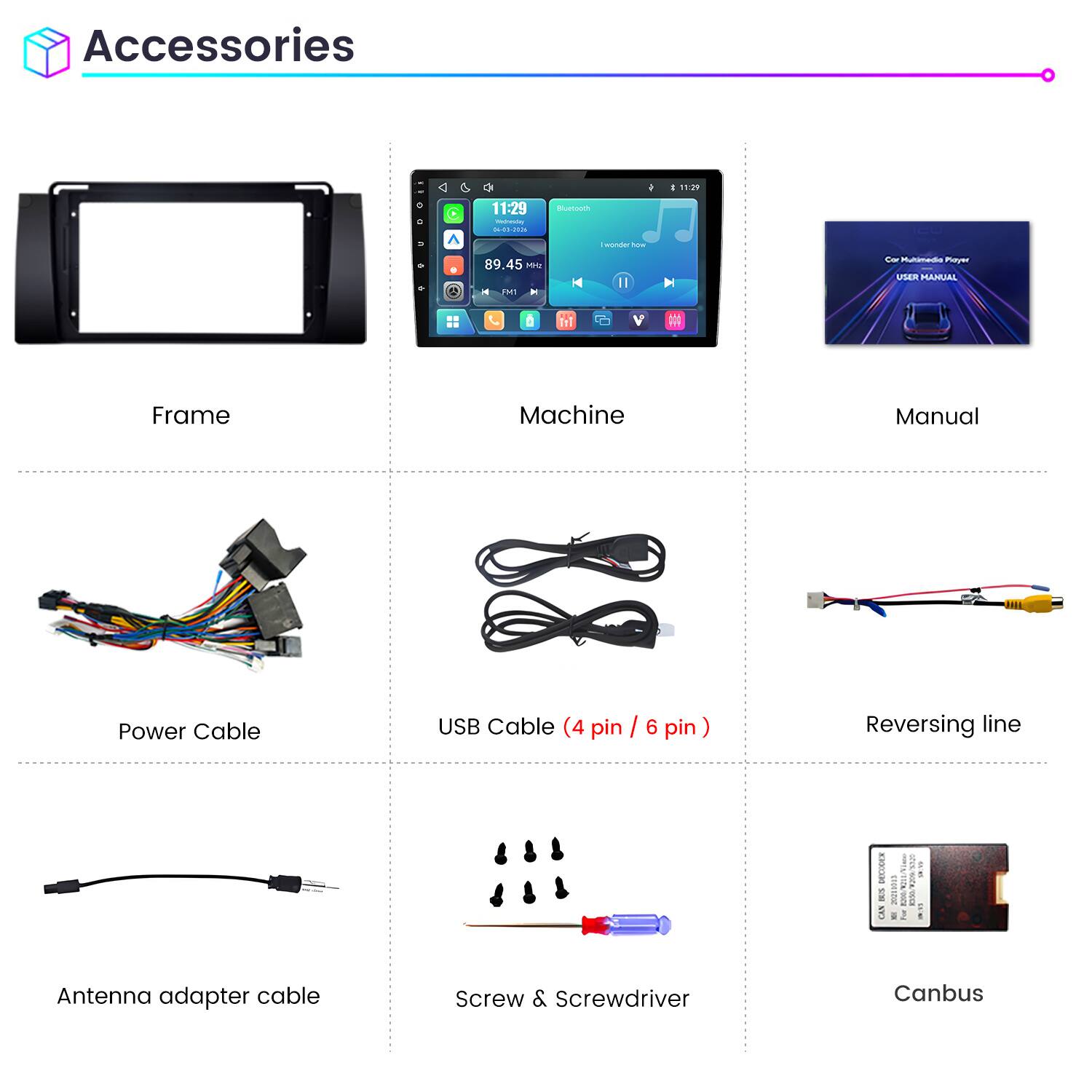 Accessories

11:29 thednews 04-00-2013

Bluetooth

- 11:29

1 Twonder how

89.45 MH2

Cor Multimedia Player USER MANUAL

PM1

Frame

Machine

Manual

Power Cable

USB Cable (4 pin / 6 pin)

Reversing line

DEPOSIDE BREAK CAN

coon 2001 -

For

1

Antenna adapter cable

Screw & Screwdriver

Canbus