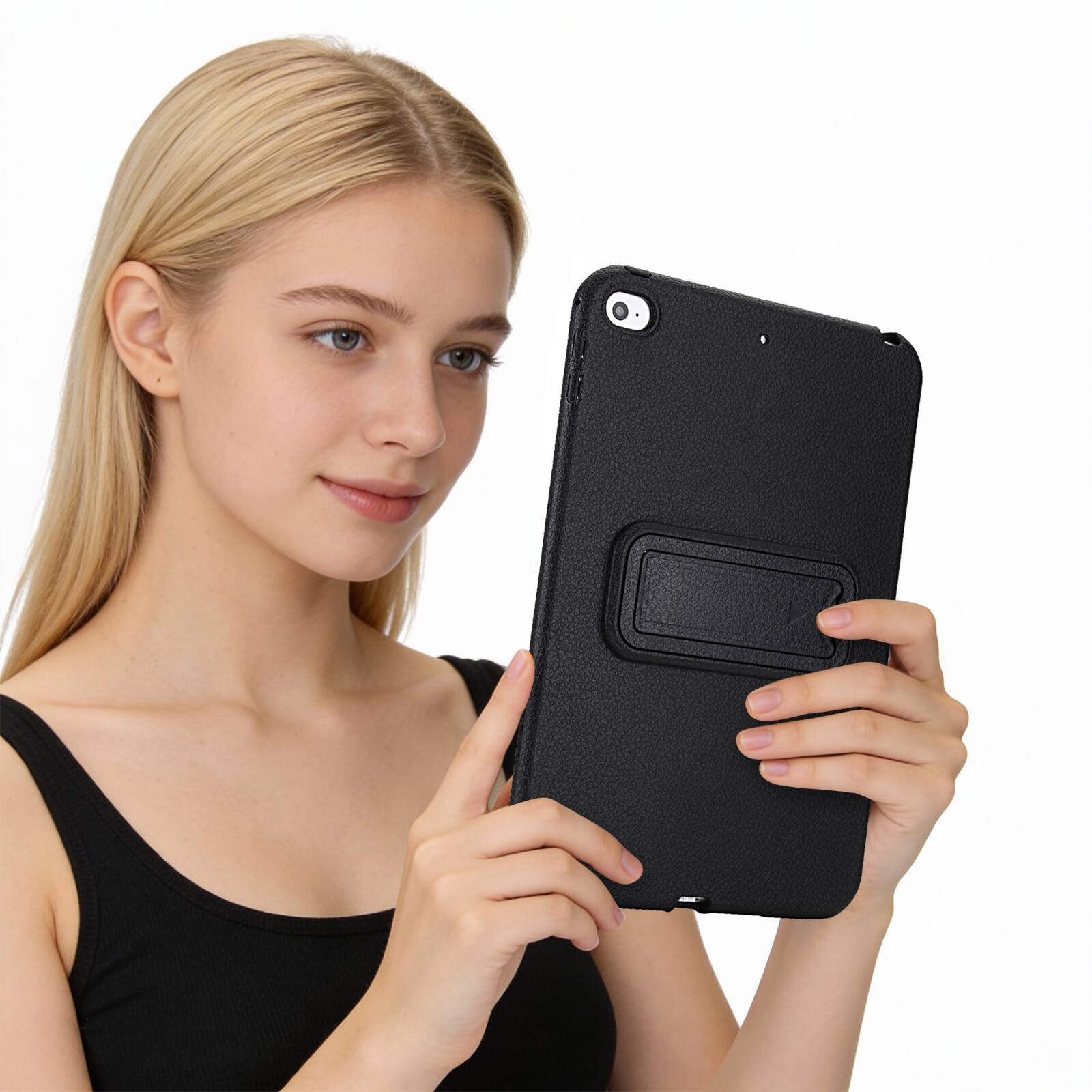 Alt View 3. Dteck - Shockproof Case for Apple iPad mini (5th Generation) 2019, Slim Leather Texture Protective Cover with Folding Kickstand - Black.