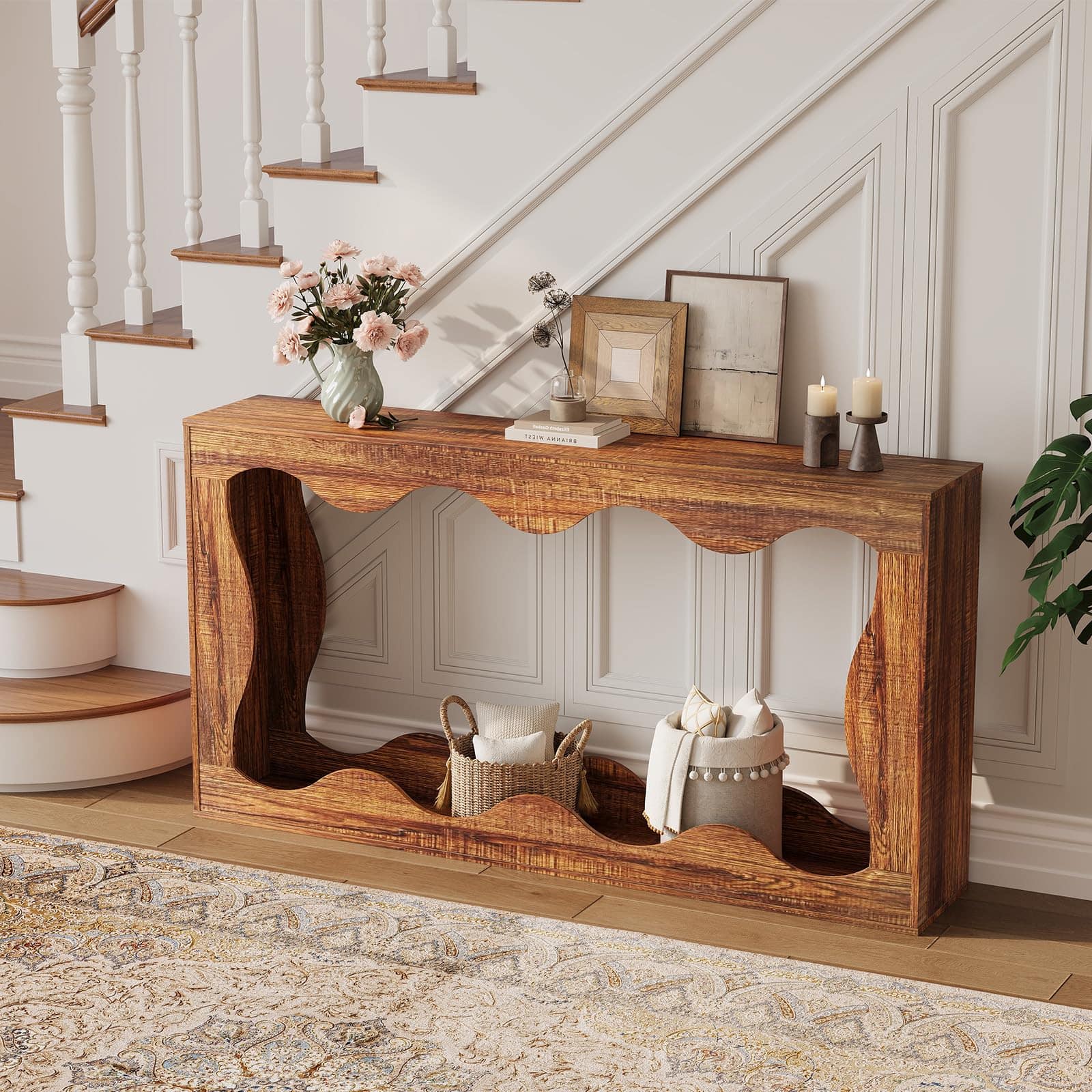 Babevy - 63" Farmhouse Console Table for Entryway, Behind Sofa, Hallway, Living Room, Scalloped Design - Brown