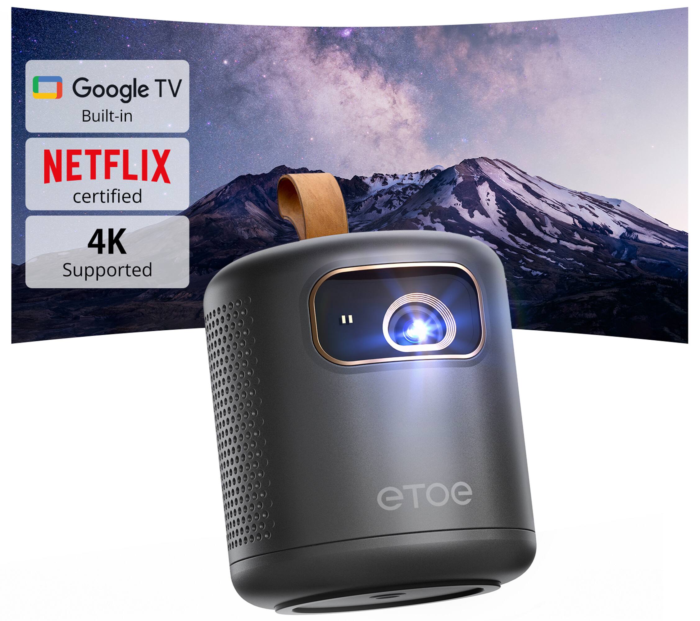 ETOE - Dolphin Portable DLP Projector with Google TV, 1080P FHD, Rechargeable Battery, 500 ANSI, Bluetooth & WiFi, 4K Decoding - Black