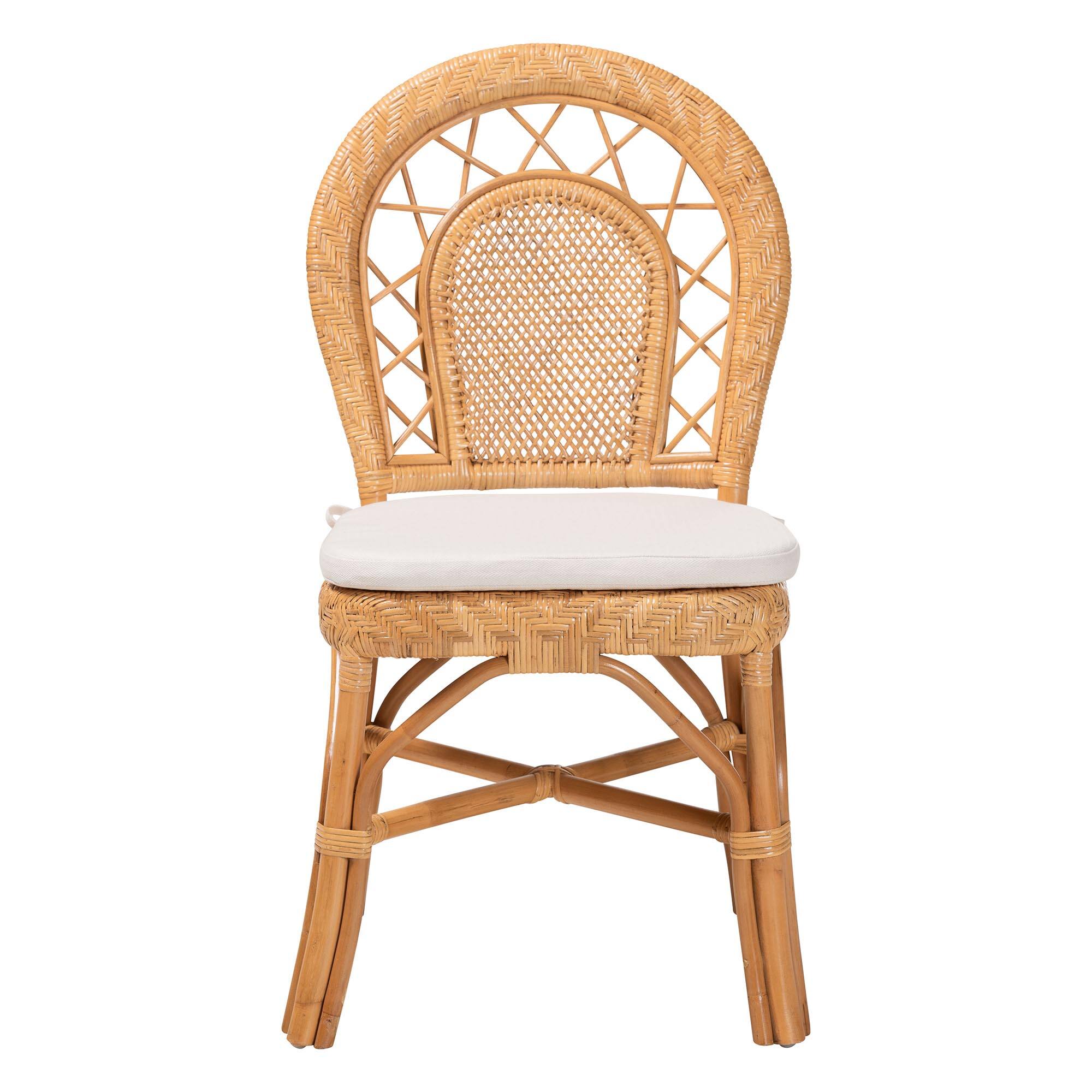 Angle. bali & pari - Adam Natural Rattan Dining Chair with Curved Backrest and Removable Cushion - Handwoven Wicker Accent Chair - Light Honey.