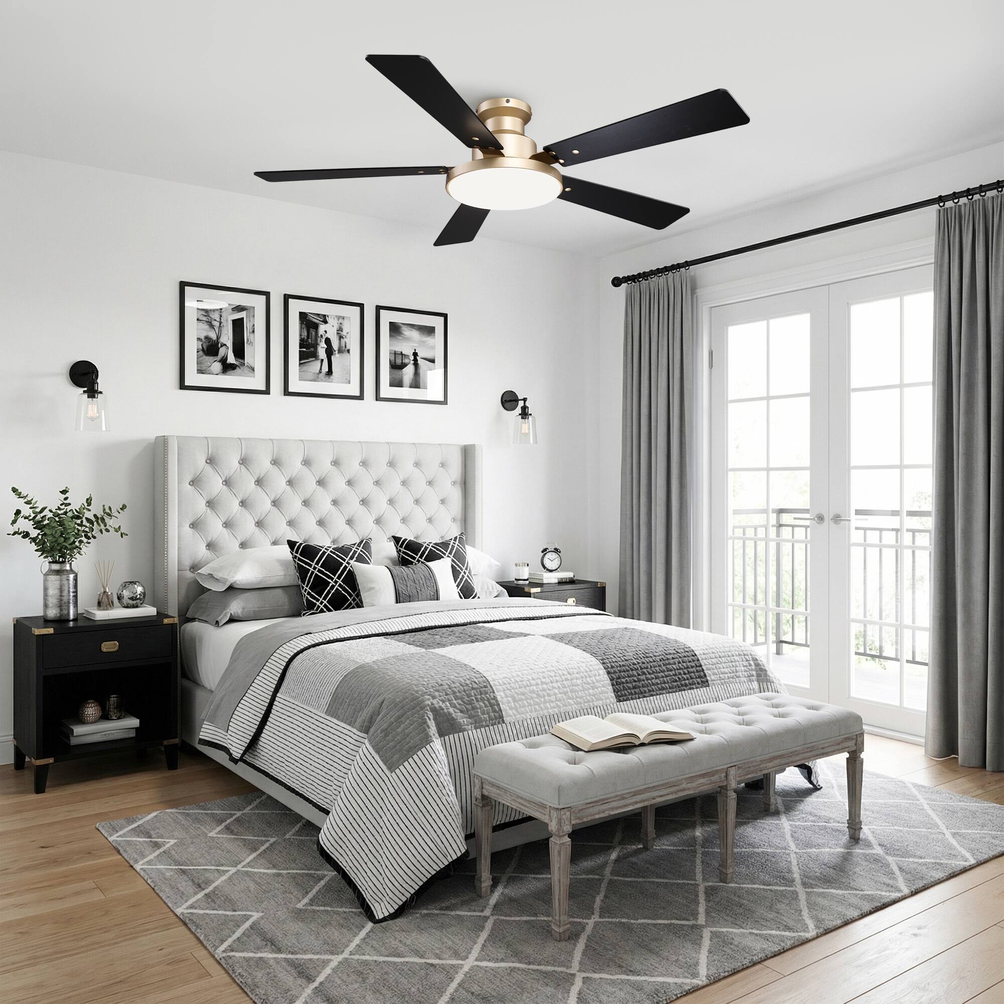 Back. Vaczon - 52" Modern Reversible Blades Smart Flush Mount Ceiling Fan with Dimmable LED Light and Remote, APP Control - Gold.