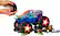 There is no text on the image. The image shows a person holding a toy car, specifically a monster truck, and placing it on top of a toy car.