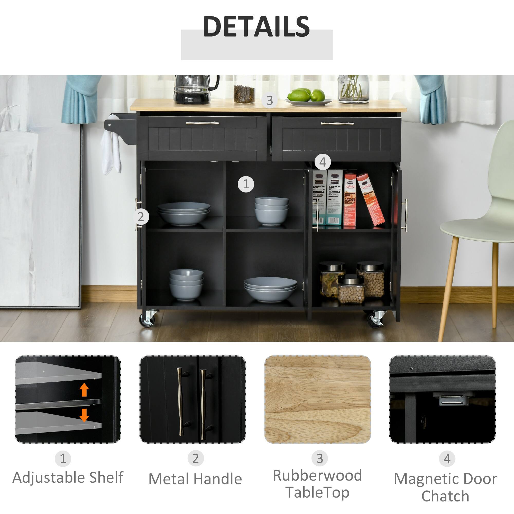 DETAILS

1. Adjustable Shelf
2. Metal Handle
3. Rubberwood TableTop
4. Magnetic Door Chatch